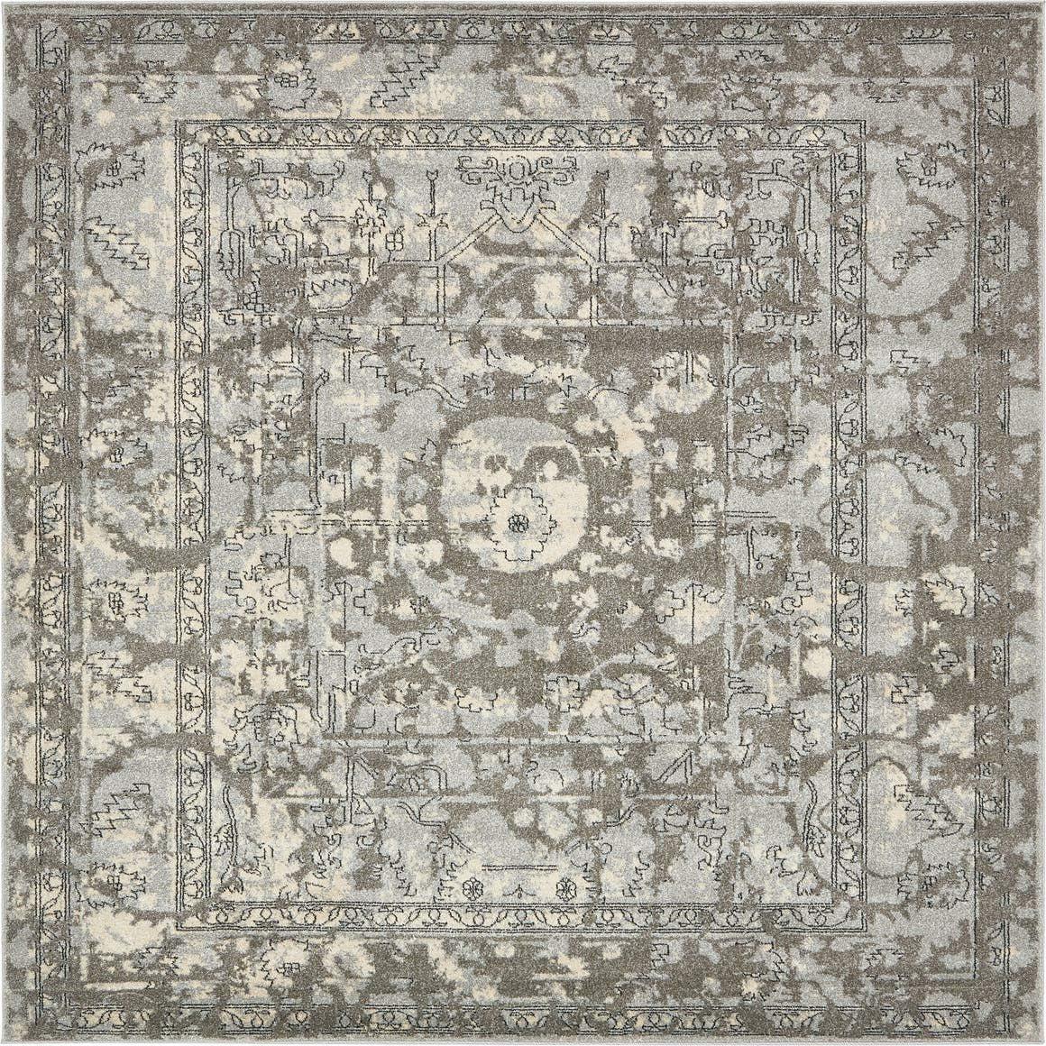 Unique Loom Vintage La Jolla 8 x 8 (ft) Loomed Polypropylene Gray/Silver Square Indoor Border Vintage Area rug