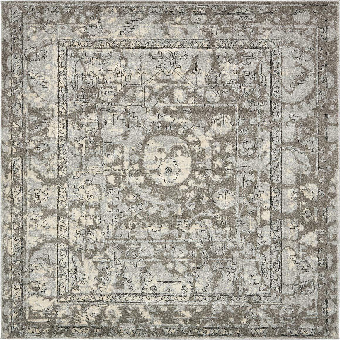 Unique Loom La Jolla Collection Contemporary, Abstract, Vintage, Border Area Rug, 8 ft x 8 ft, Gray/Silver