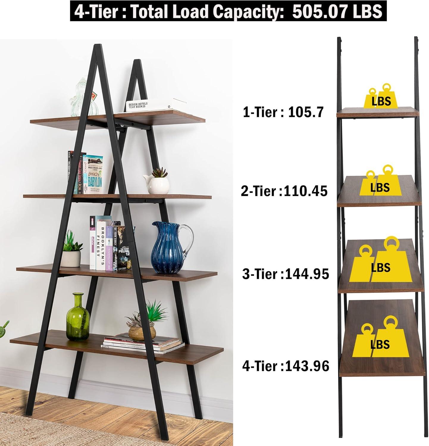 Glitzhome 64.5"H Modern Industry Wooden Oak Melamine 4-Tier Metal/ Wooden Leaning Bookcases & Ladder Shelves