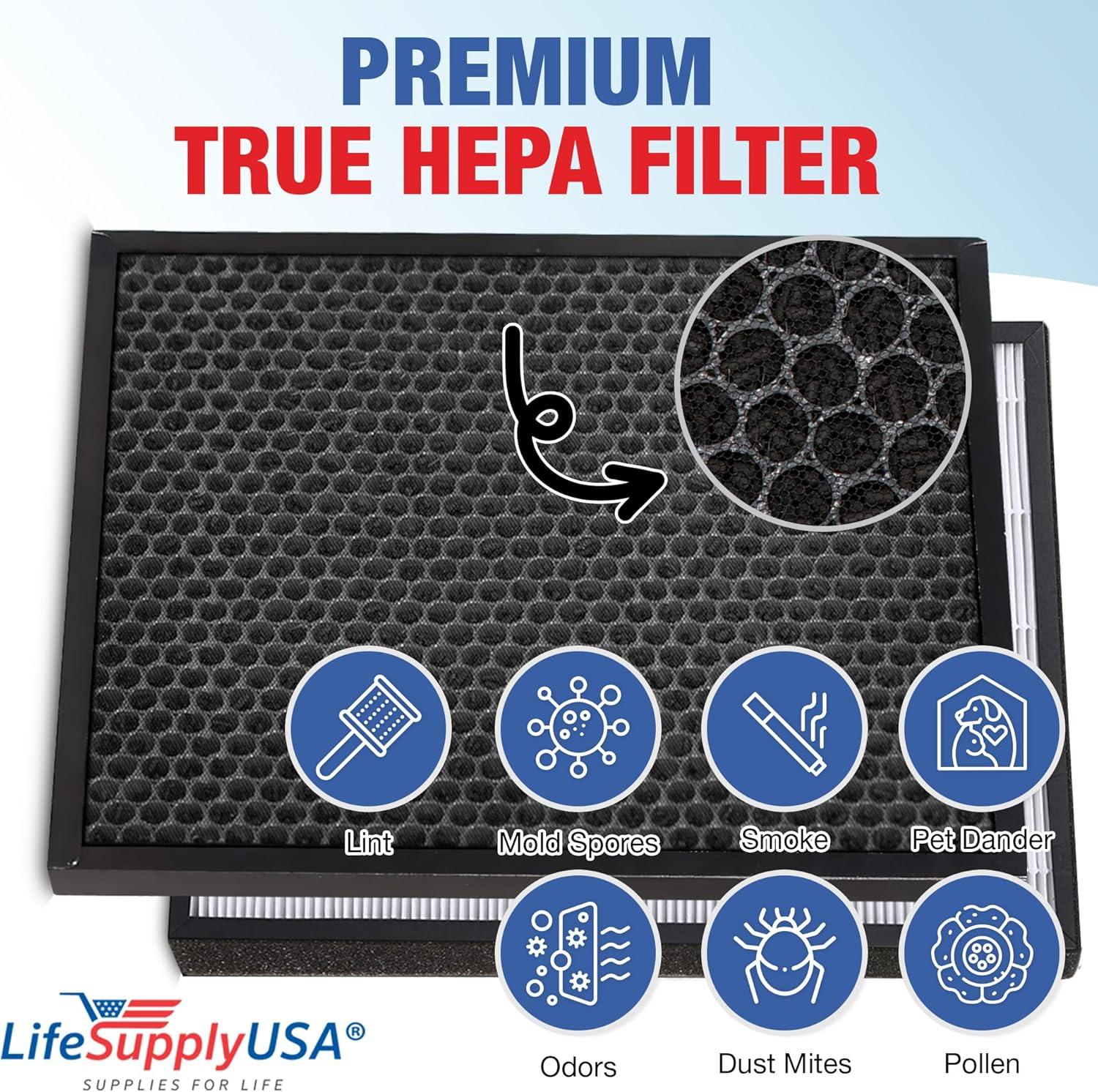 LifeSupplyUSA 2-in-1 True HEPA Air Cleaner Replacement Filter + Activated Carbon Charcoal Compatible with Hathaspace HSP001 Smart Air Purifiers