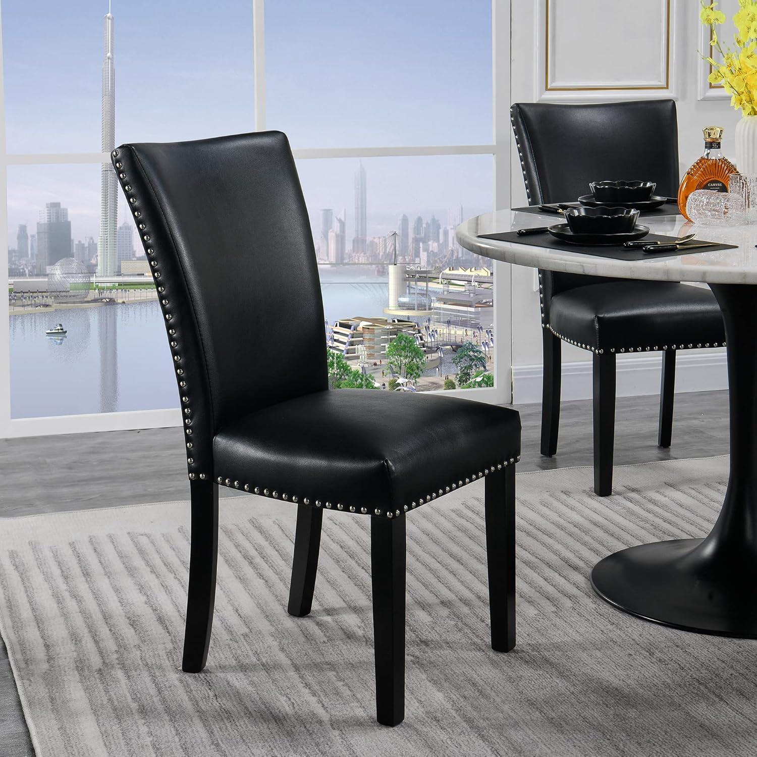 Colamy Black Upholstered Wood Legs Parsons Leather Dining Chairs with Nail head Trim Set of 2 for Dining Room