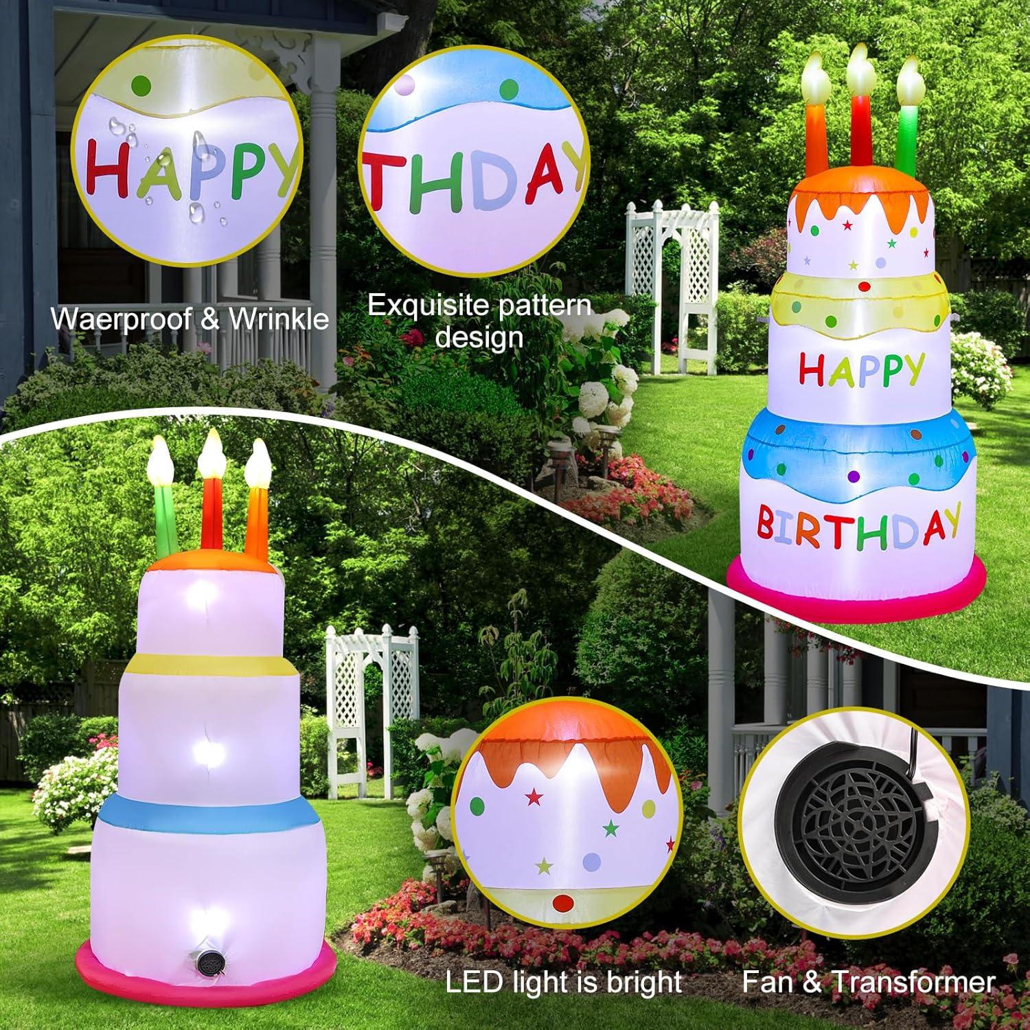 AJY 6 Feet Birthday Inflatable Happy Birthday Inflatable Cake with Candle Blow Up Inflatable Indoor Outdoor Yard Lawn Decoration Clearance