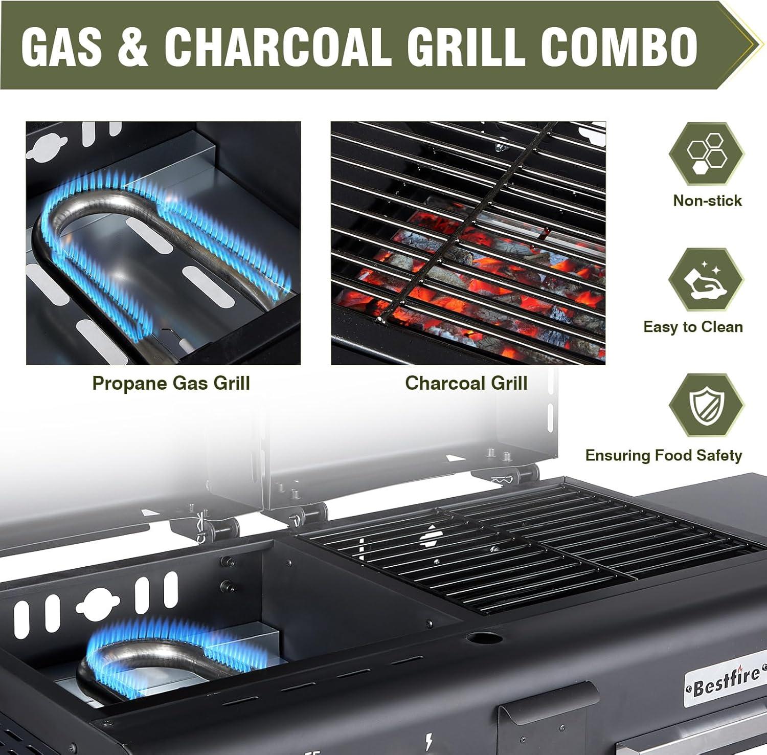 Bestfire Dual Fuel Propane Gas Charcoal Grill Combo Black Dual Lids, Flat Top Grill With 2 Side Shelves for BBQ, Outdoor and Backyard Cooking
