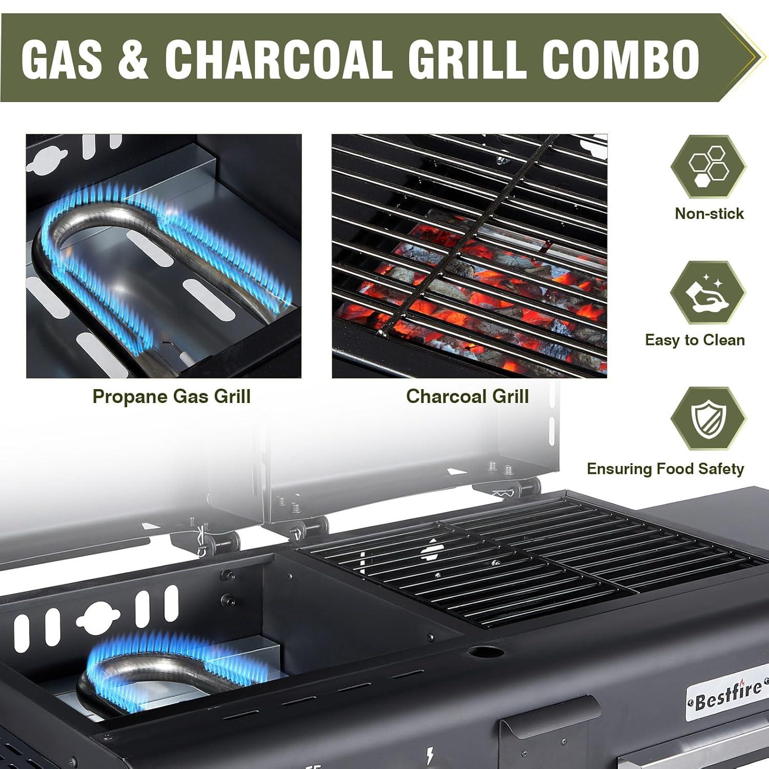 Bestfire Dual Fuel Propane Gas Charcoal Grill Combo Black Dual Lids, Flat Top Grill With 2 Side Shelves for BBQ, Outdoor and Backyard Cooking