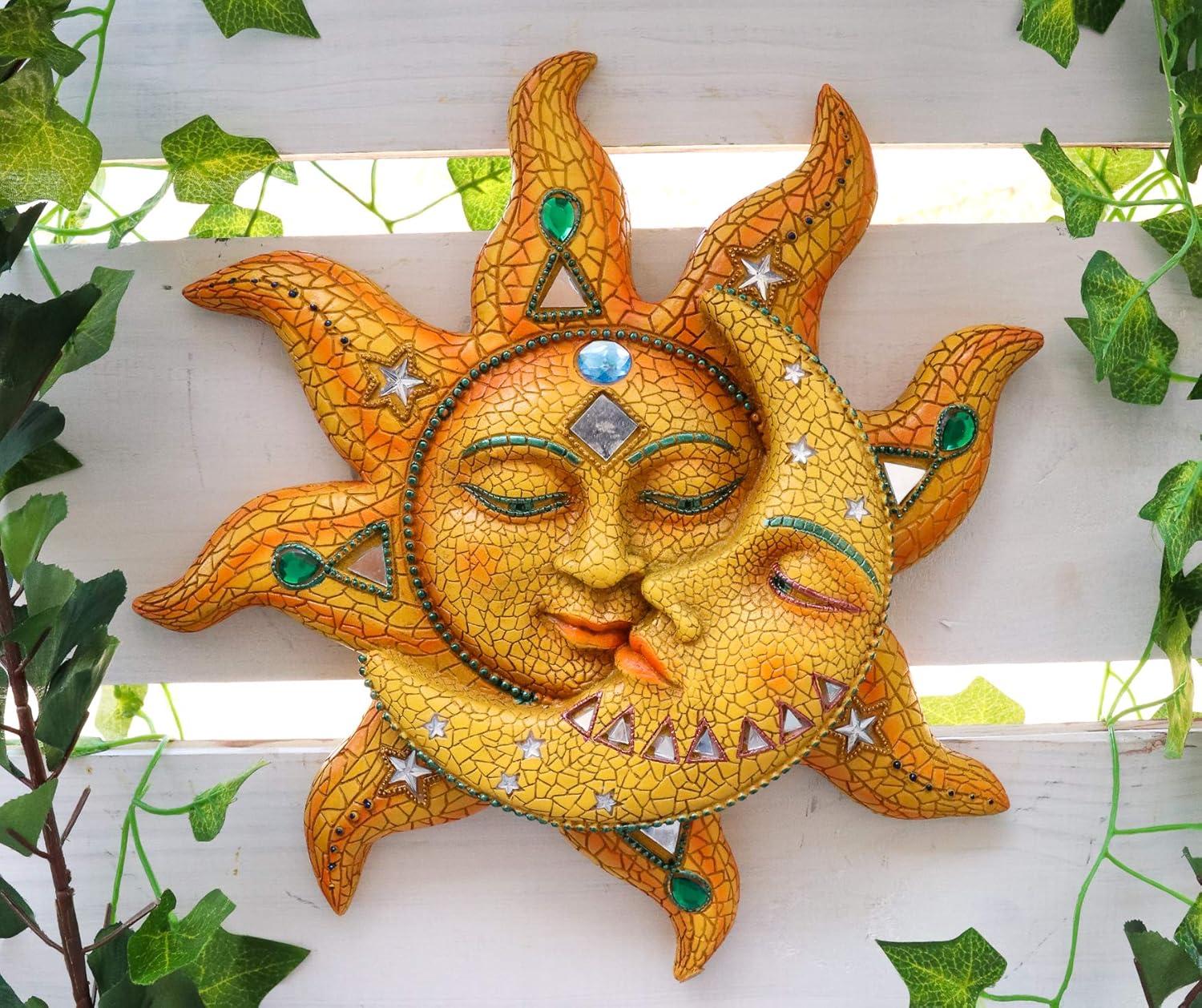 Ebros Cara de Mosaico Naranja Sol con Luna de Mosaico Amarillo, Decoración de Placa de Pared de 13"H