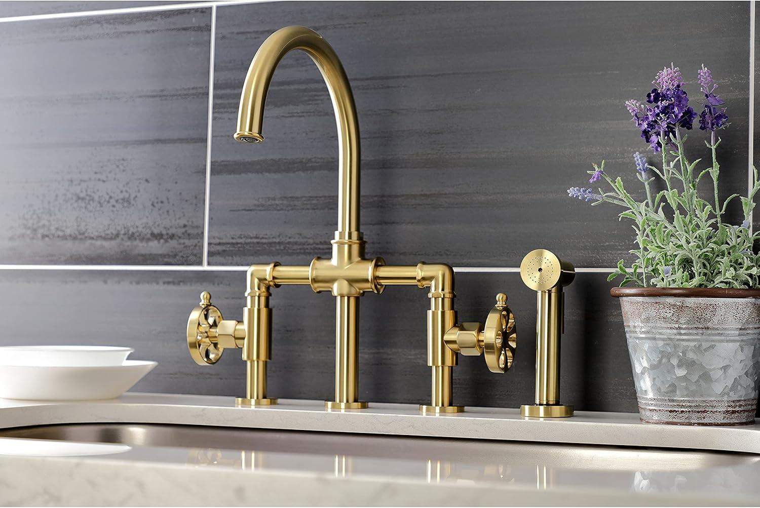 Kingston Brass Two-Handle 4-Hole Deck Mount Industrial Style Bridge Kitchen Faucet with Brass Side Sprayer