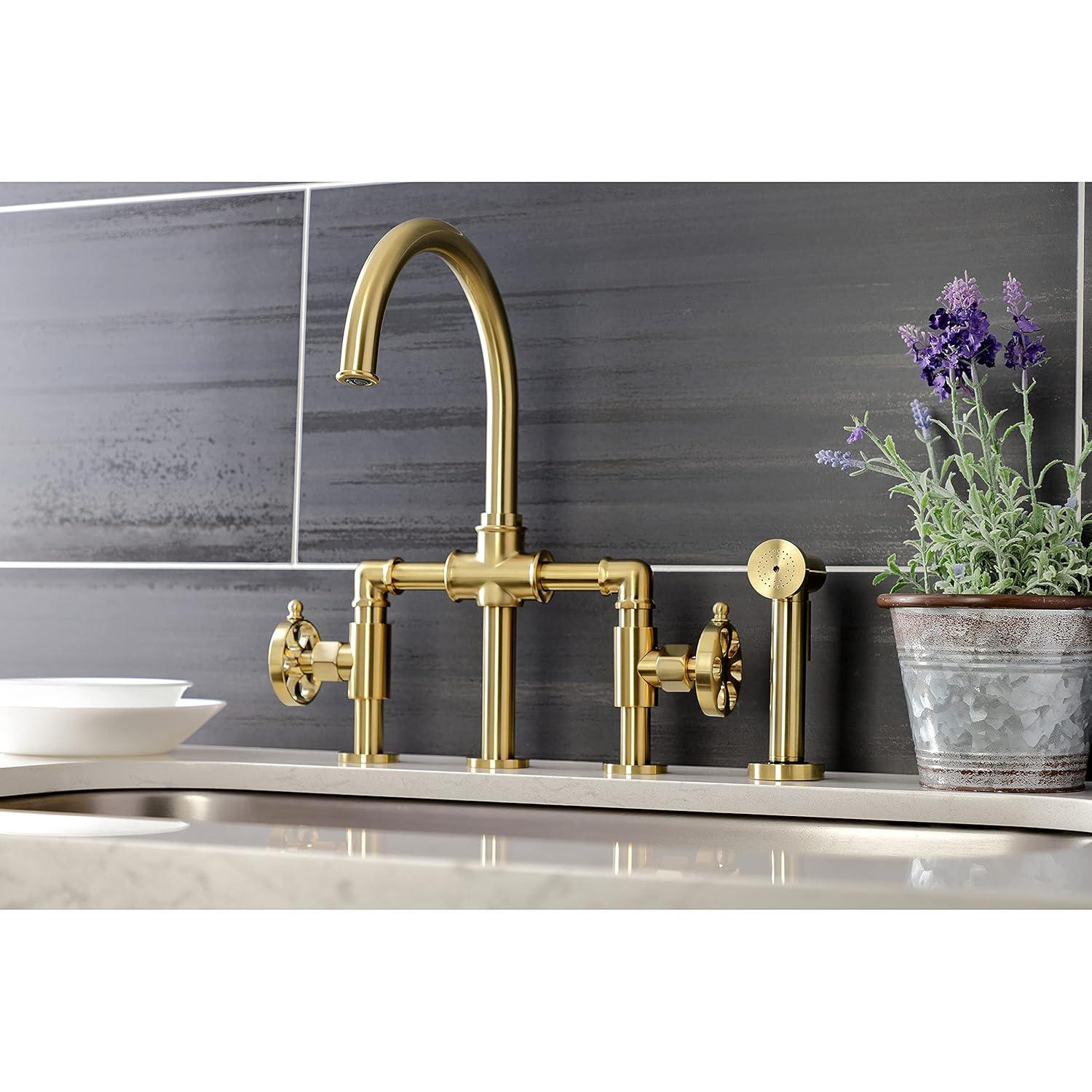 Kingston Brass Kingston Brass Two-Handle 4-Hole Deck Mount Industrial Style Bridge Kitchen Faucet with Brass Side Sprayer KS2333RX