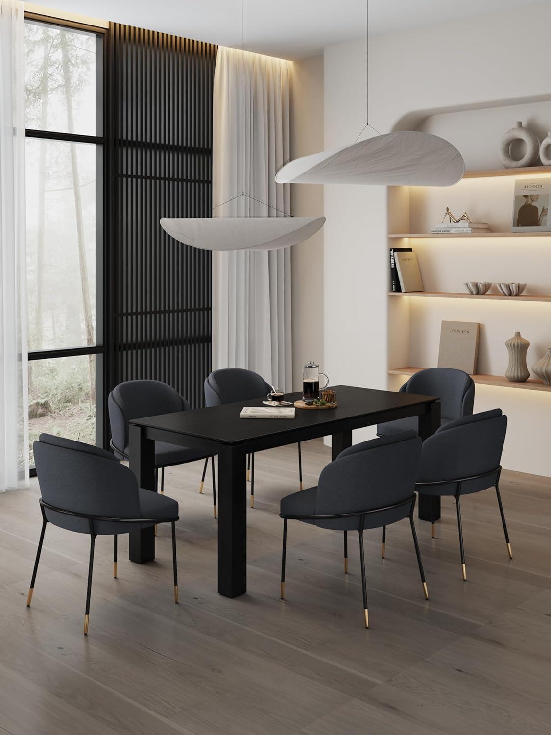 Manhattan Comfort Flor Dining Chair with Metal Legs, Upholstered in Twill Weave Fabric, Padded Cushions, Ergonomic Winged Back Design, Gold Metal Accents, Fully Assembled, 2 Piece Set, Black