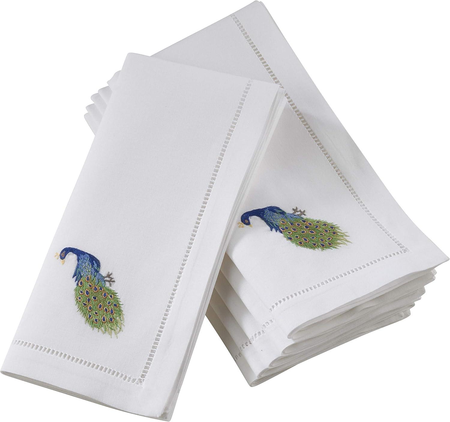 White Cotton Hemstitch Peacock Embroidered Table Napkins Set