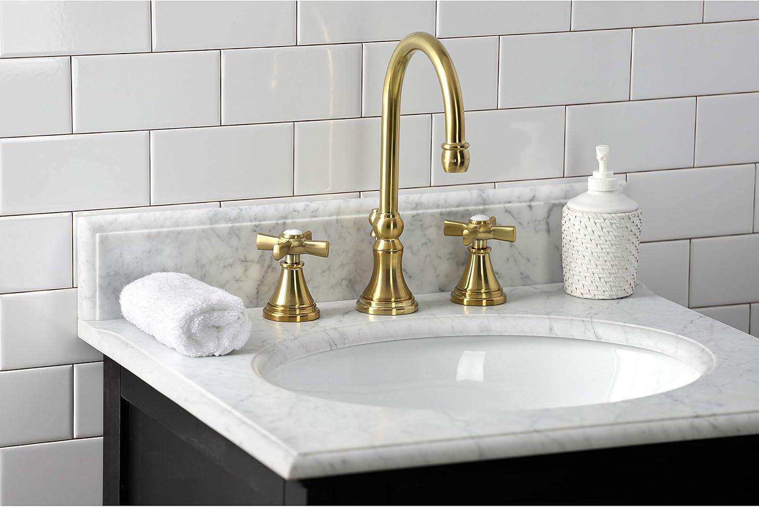 Kingston Brass Millennium Two-Handle 3-Hole Deck Mount Widespread Bathroom Faucet with Brass Pop-Up Drain