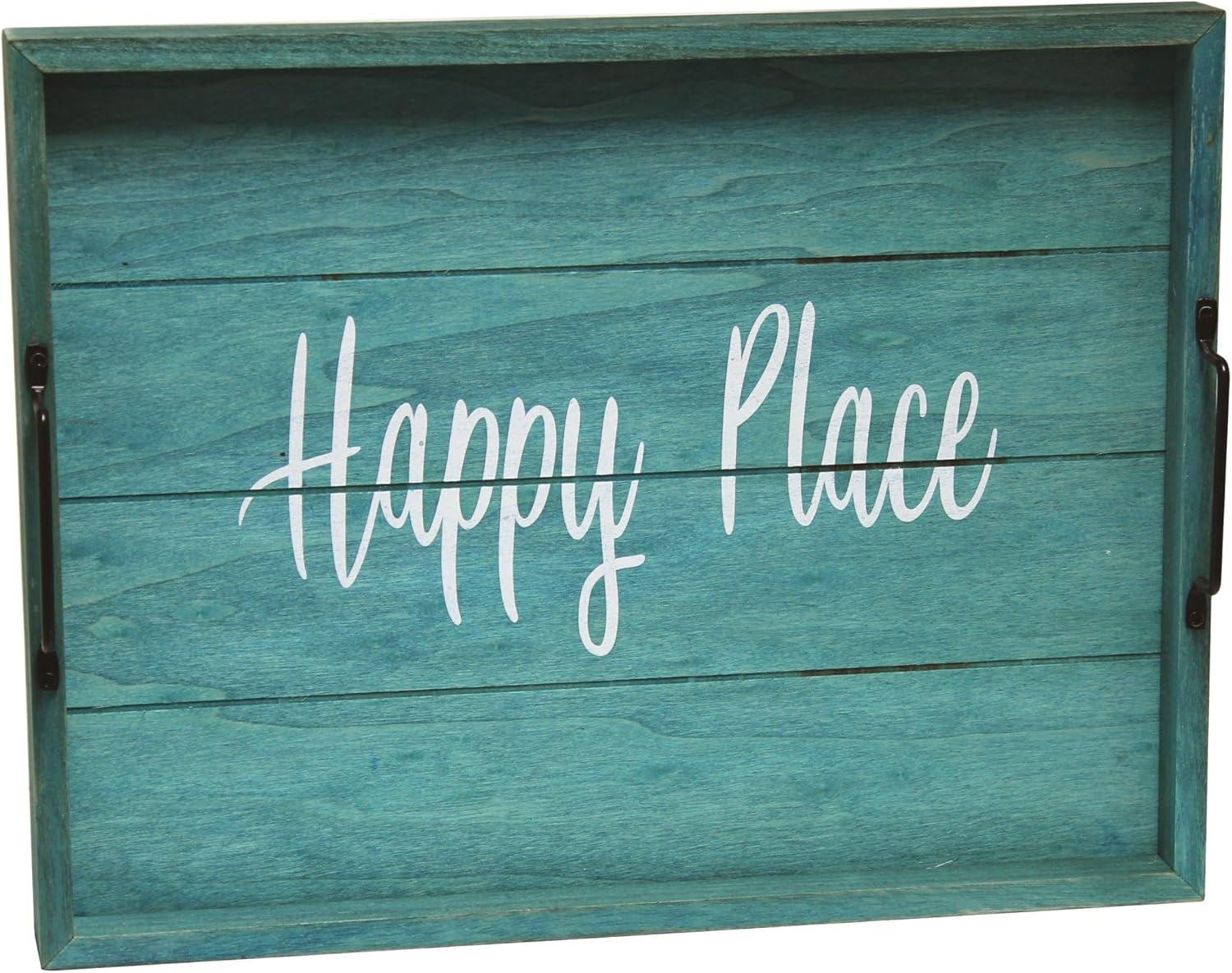 Elegant Designs 15.5" x 12" Decorative Wood Serving Tray, "Happy Place", Blue Wash