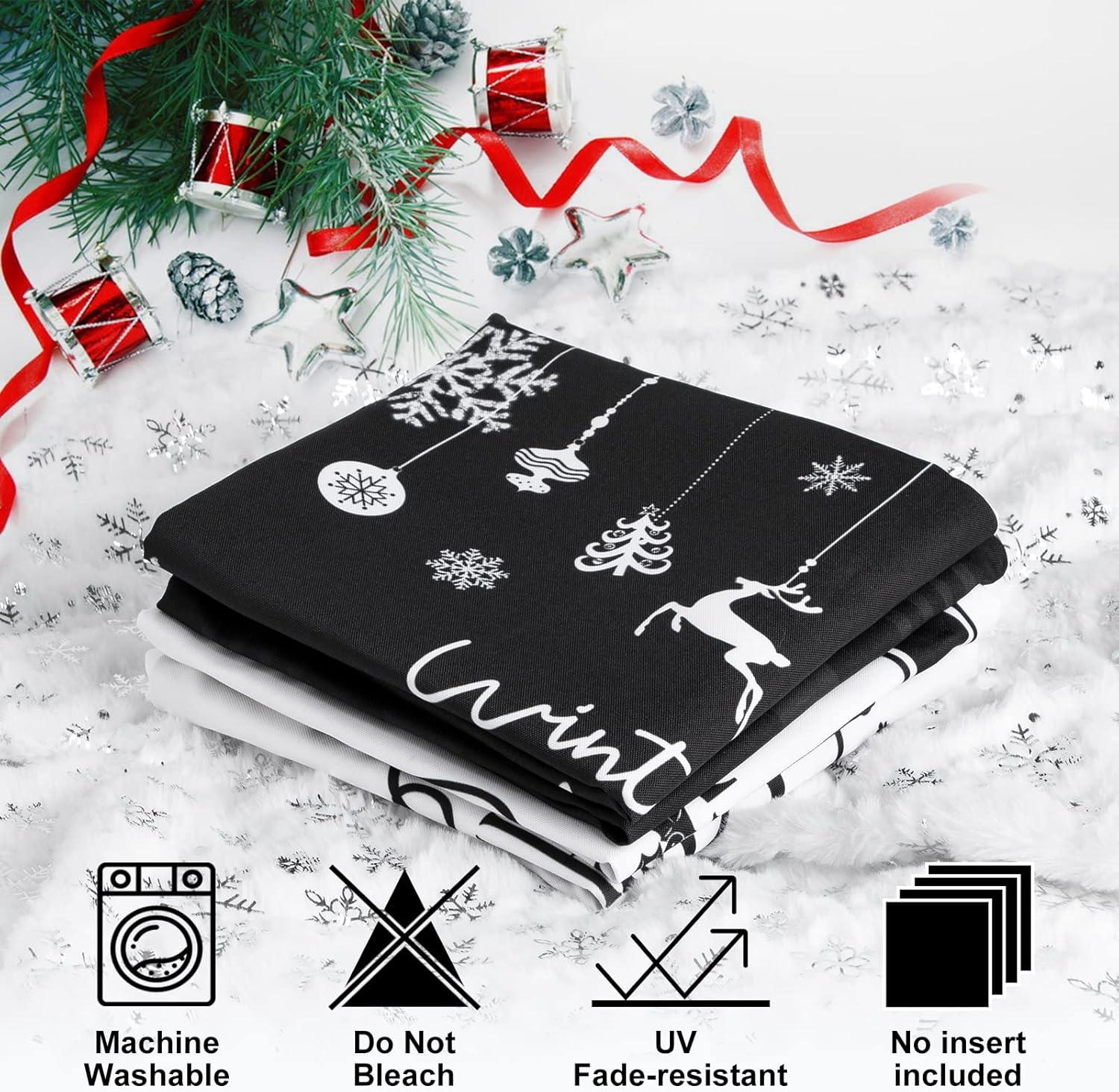 Lanpn Hello Winter Merry Christmas Throw Pillow Covers 18x18 Set of 4, Decorative Black and White 18 inch Xmas Holiday Cushion Pillow Cases Home Outside Porch Decor Decorations