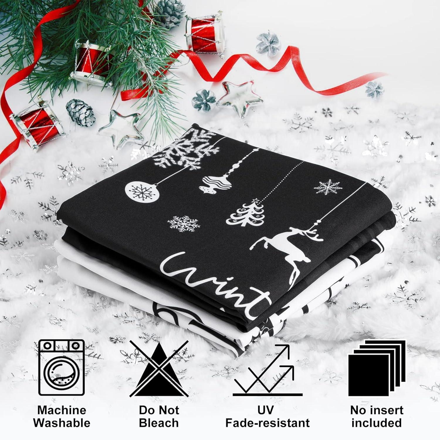 Lanpn Hello Winter Merry Christmas Throw Pillow Covers 18x18 Set of 4, Decorative Black and White 18 inch Xmas Holiday Cushion Pillow Cases Home Outside Porch Decor Decorations