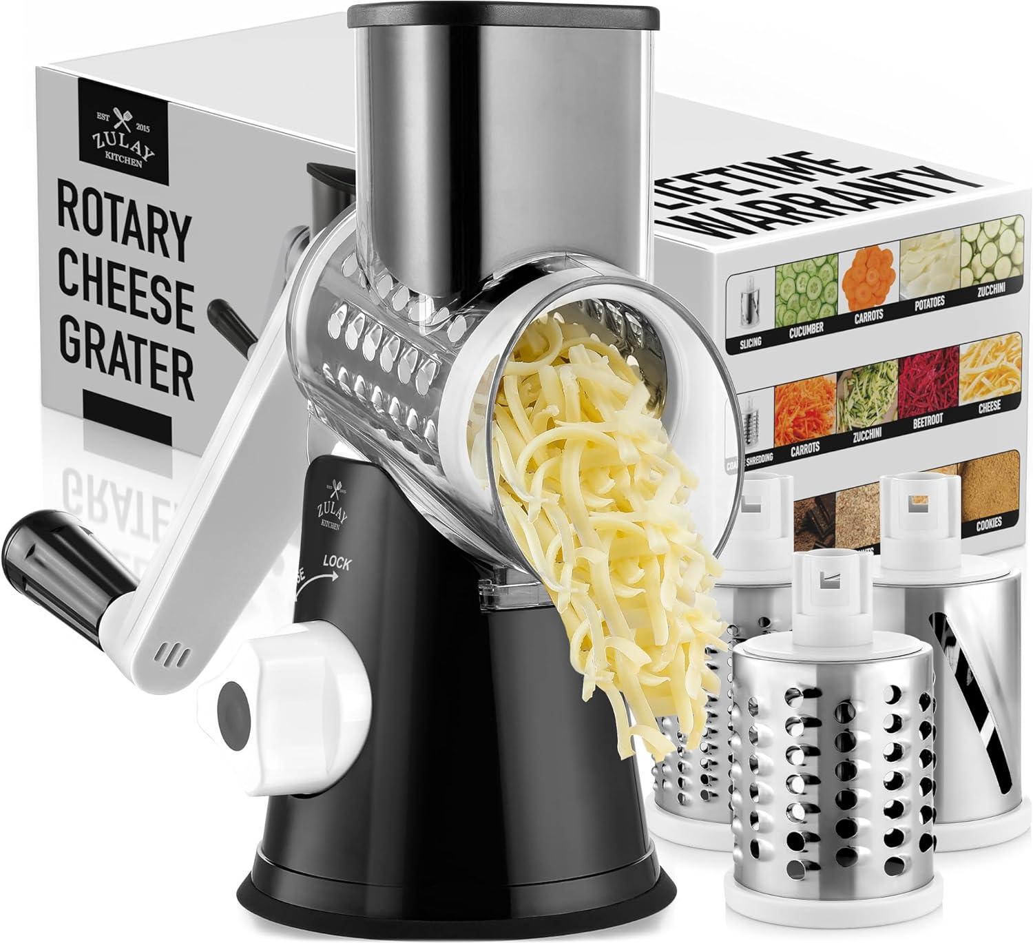 Deluxe Black Rotary Cheese Grater with 3 Stainless Steel Blades