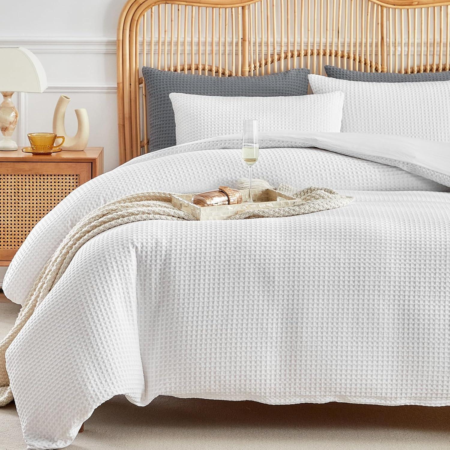 White Waffle Weave Queen Duvet Cover Set with Pillowcases