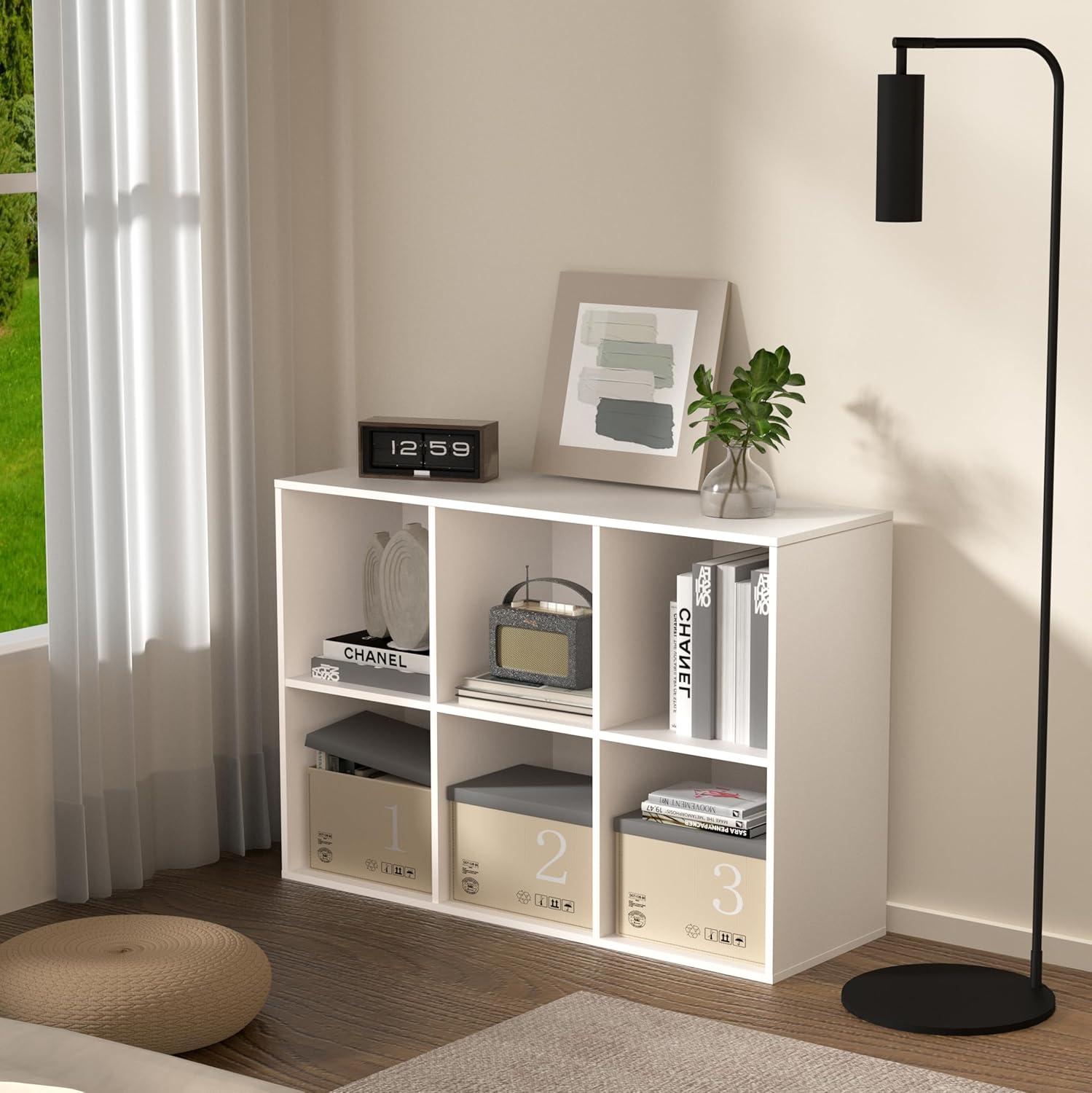 6 Cube Storage Organizer with Legs, 3 Tier Cube Low Bookcase Freestanding Storage Display Organizer for Home Office, Six-Cubes Open Shelf Bookshelf (White, 6 Cube Vertical)