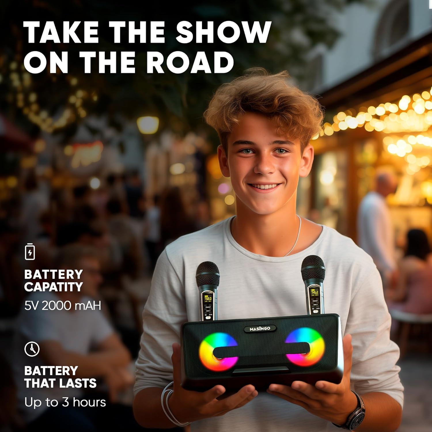 MASINGO Karaoke Machine for Adults and Kids with 2 Wireless Microphones, Portable Bluetooth Singing Speaker, Colorful LED Lights, PA System, Lyrics Display Holder & TV Cable - Presto G2 (Black)