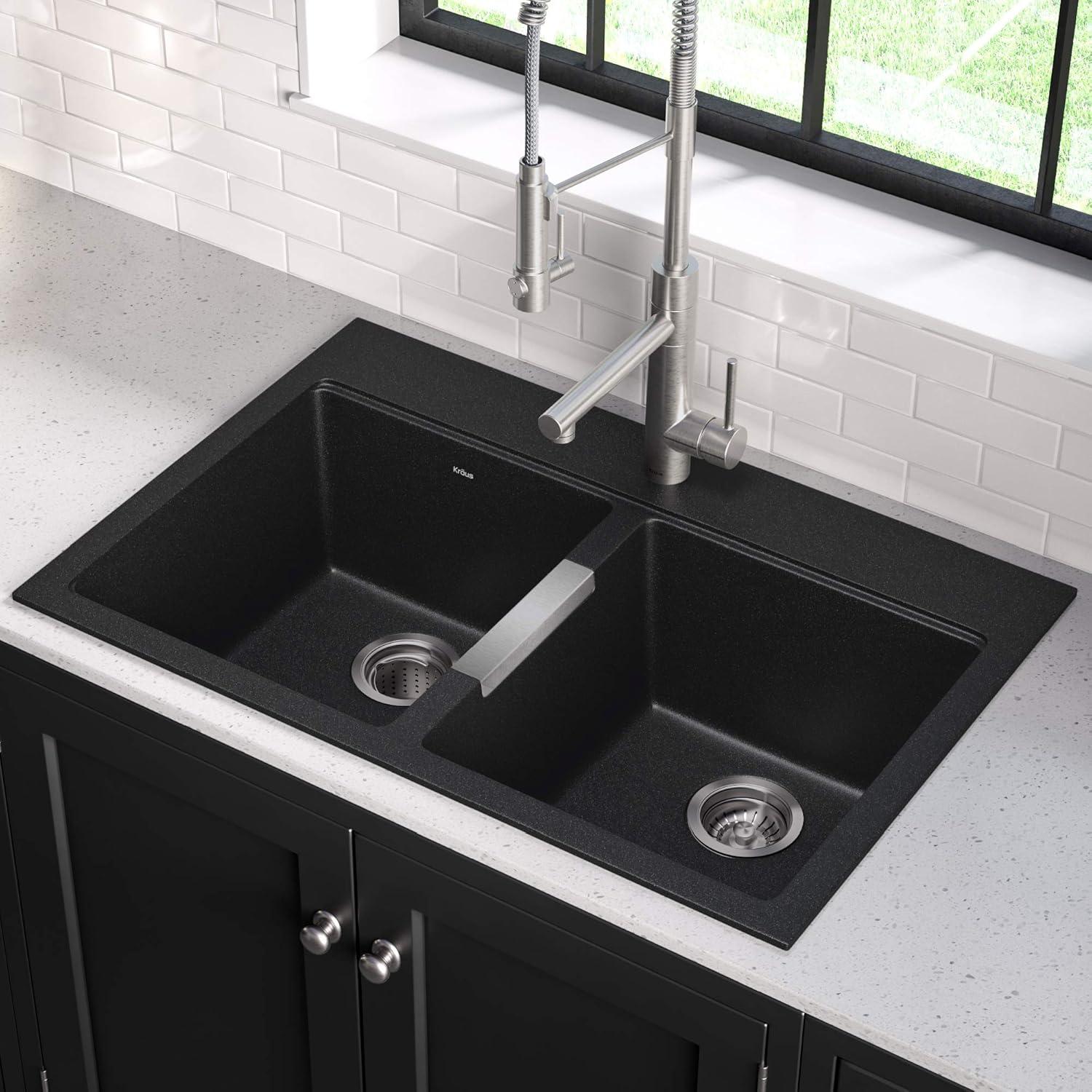 KRAUS 33 inch L Dual Mount 50/50 Double Bowl Granite Kitchen Sink w/ Top Mount and Undermount Installation in Black Onyx