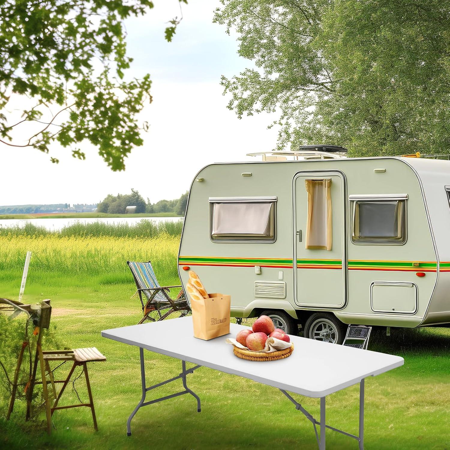 Folding Table 6ft Portable Heavy Duty Plastic Fold-in-Half Utility Foldable Table Plastic Dining Table Indoor Outdoor for Camping, Picnic and Party, White