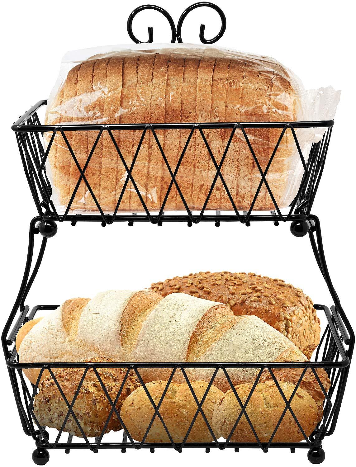 2-Tier Fruit Bread Basket Display Stand, Counter Storage for Kitchen, Bathroom, Rectangular Antique Metal