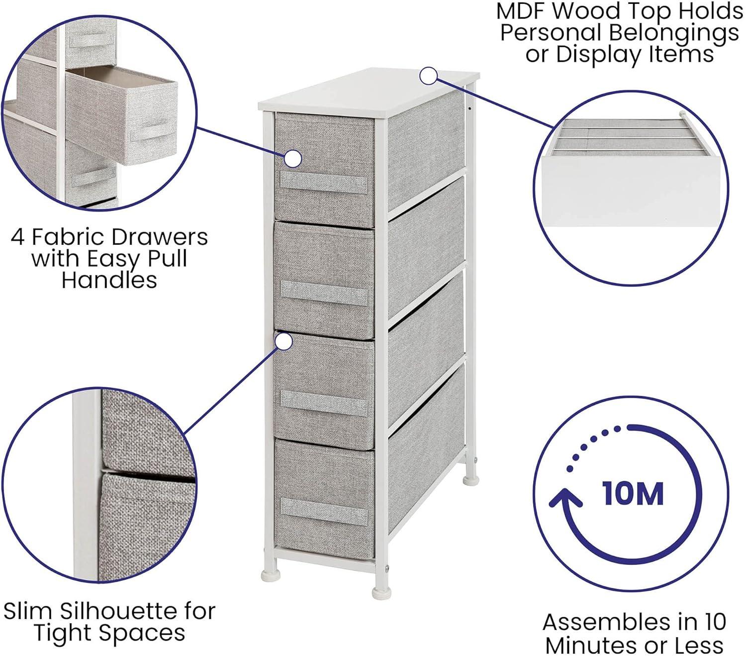 Malone 4 Drawer Vertical Slim Storage Dresser-Wood Top & Fabric Pull Drawers