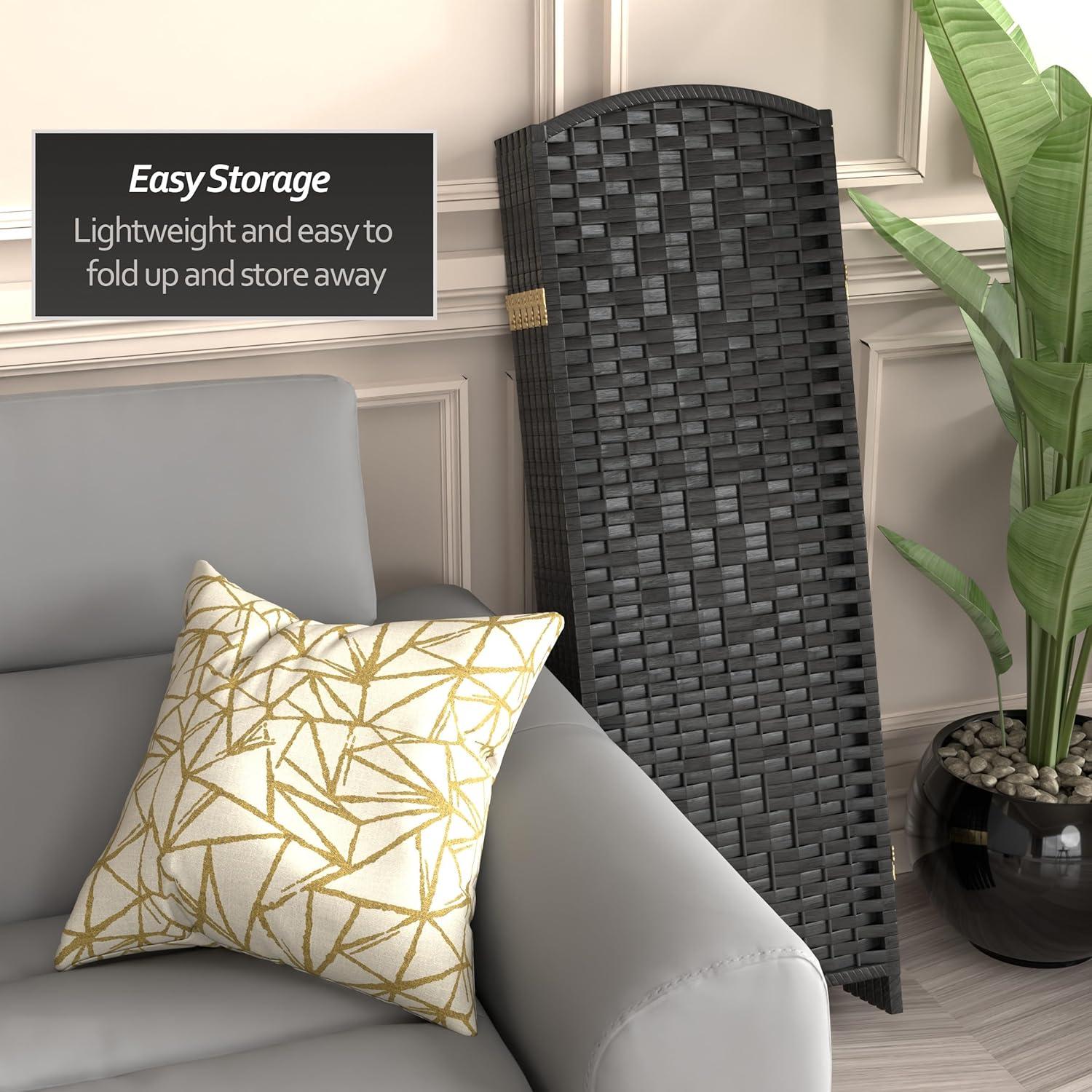 4 ft. Short Diamond Weave Fiber Folding Screen - Black - 6 Panel