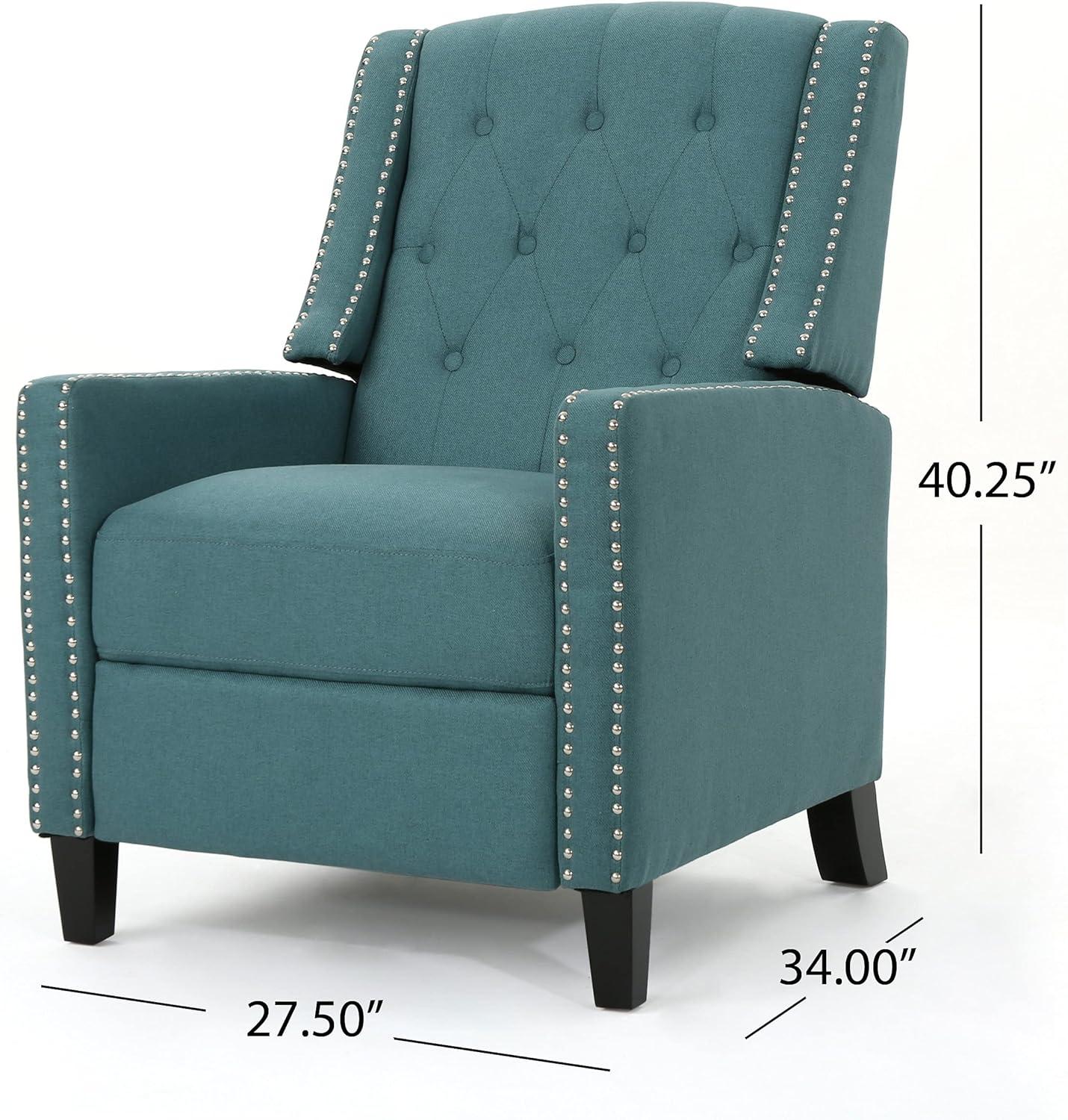 Teal Tufted Back Fabric Recliner with Dark Brown Legs