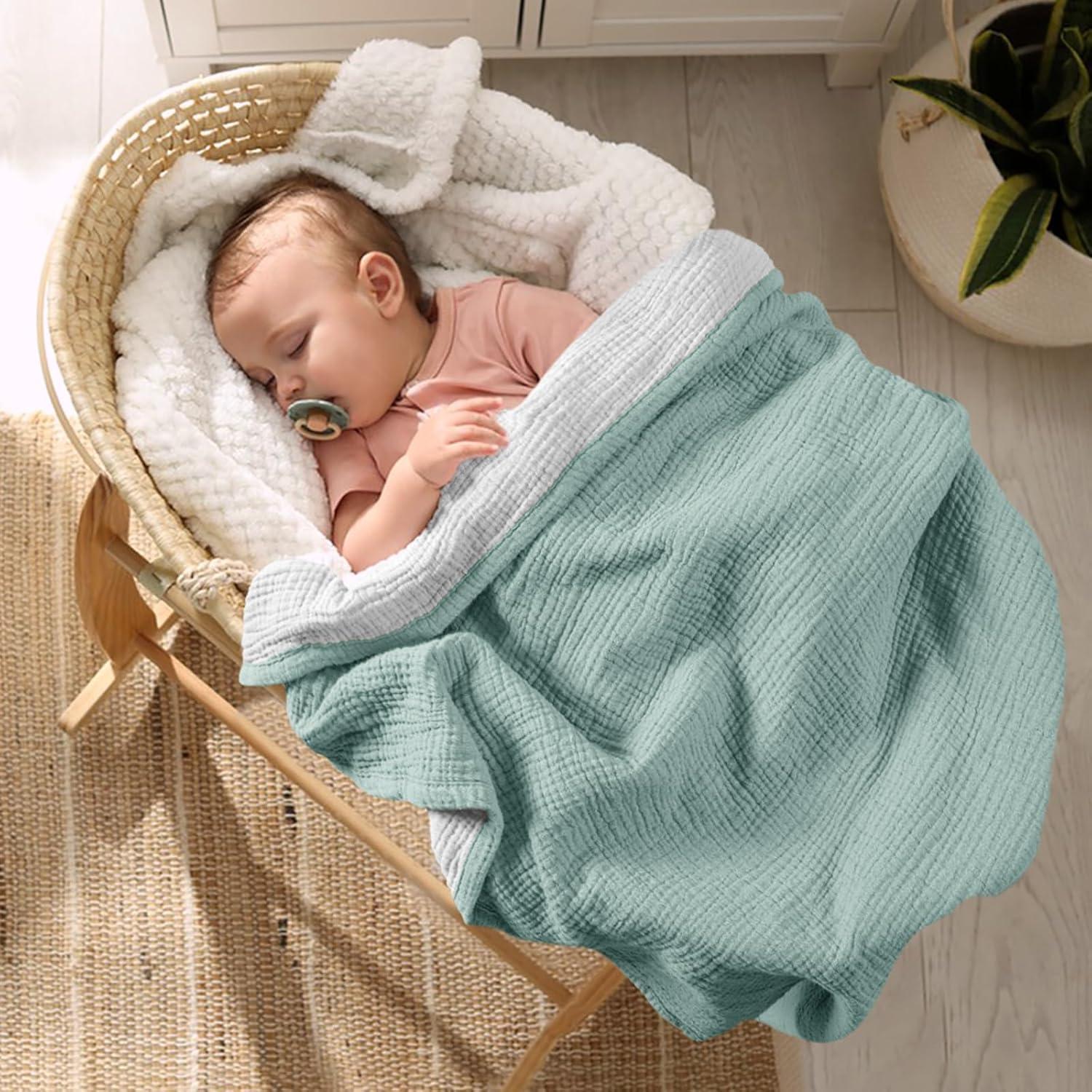 Lulu moon Swaddle Baby Blanket: Waffle Blanket with Satin Trim - Soft Breathable Toddler Blanket Perfect for Nursing Cover and Playtime - Cotton Crib Blanket for Daytime Naps 40"x36"(Sage)