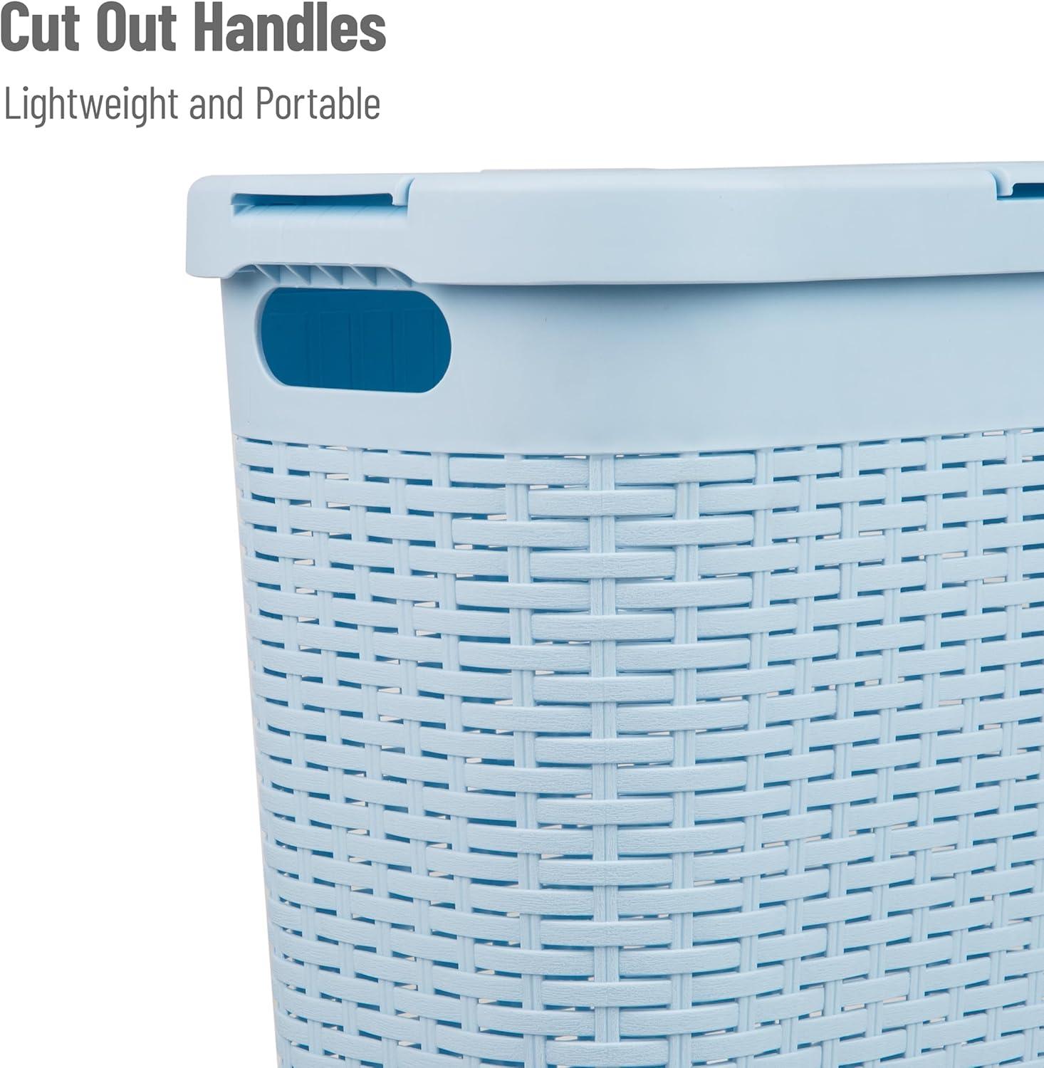 Baby Blue Slim Wicker Plastic Laundry Hamper with Lid