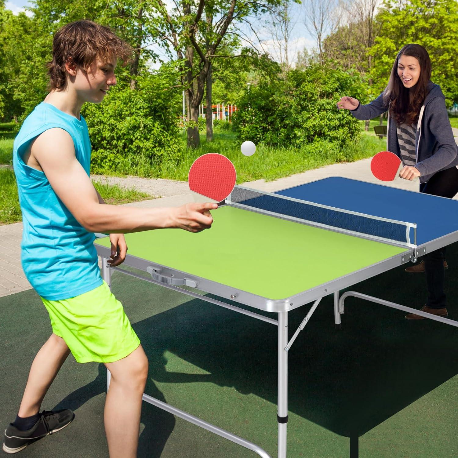 Goplus Foldable Ping Pong Table, 100% Preassembled, Table Tennis Table with Net, 2 Paddles, Ping Pong Balls, Portable Table Tennis Game Set for Indoor Outdoor