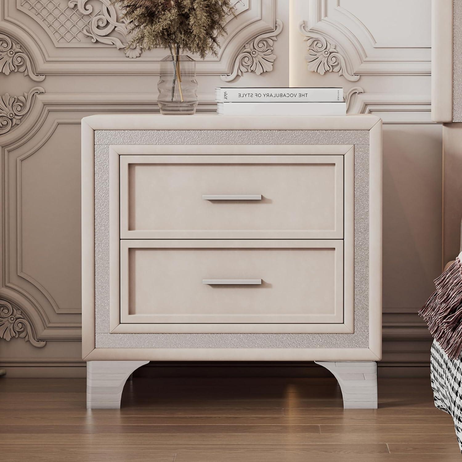 SOFTSEA Velvet Nightstand with 2 Drawers, Modern Upholstered Nightstand with Storage, Bedside Table End Table with Silver Glitter Strip & Metal Legs for Bedroom, Living Room, Easy Assembly, Beige