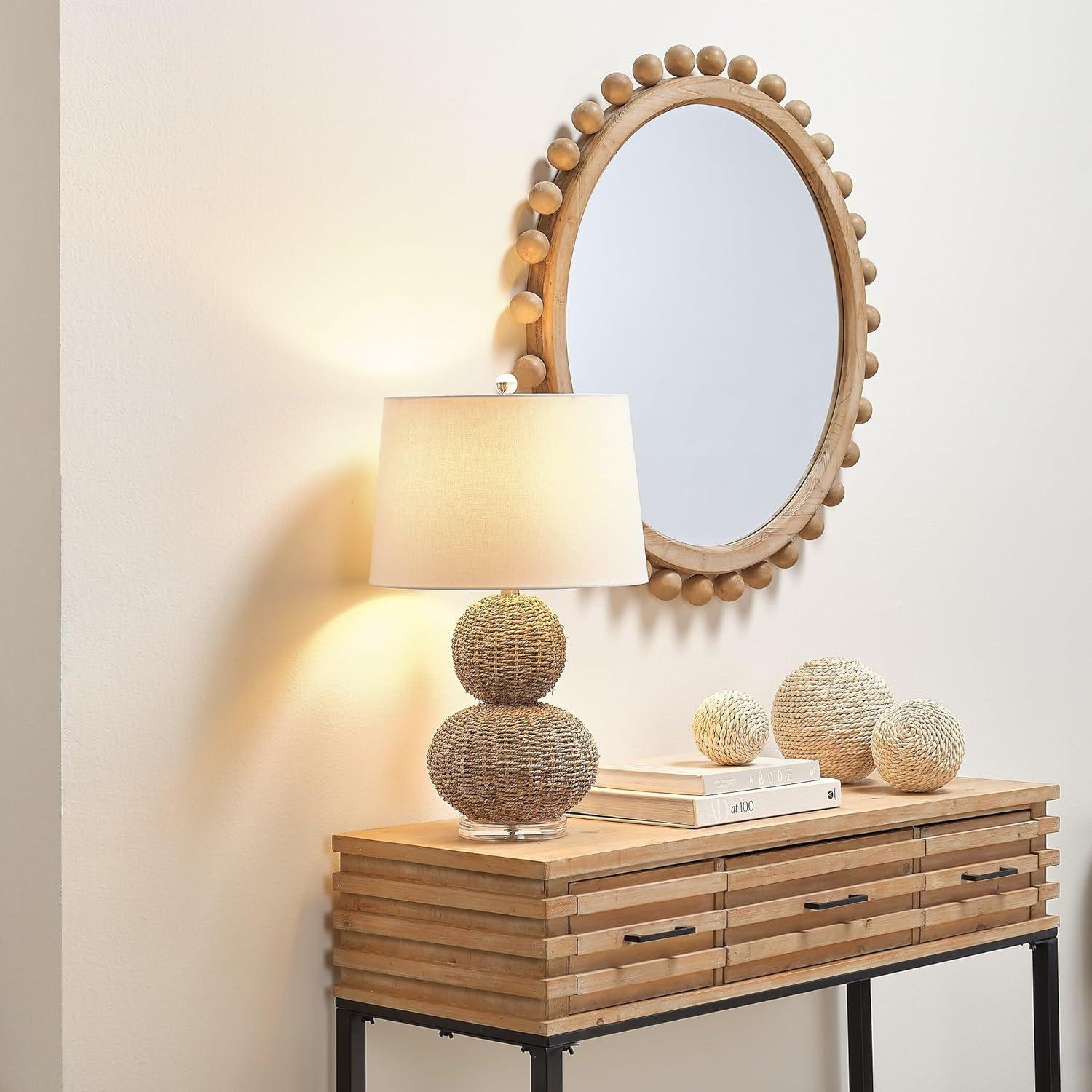 Orion Round Light Wood Mirror with Gold Ornamental Beads