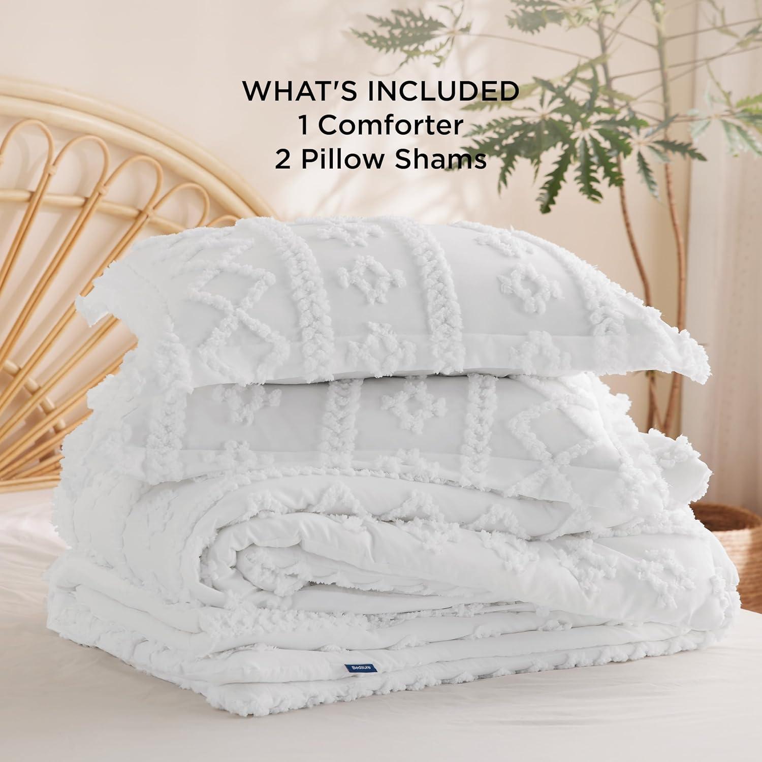Bedsure Tufted Boho Comforter Set California King - Bright White Boho Bed Set, GentleSoft™ 3 Pieces Farmhouse Shabby Chic Embroidery Bedding, Gifts for Woman, Soft Jacquard Comforter for All Seasons