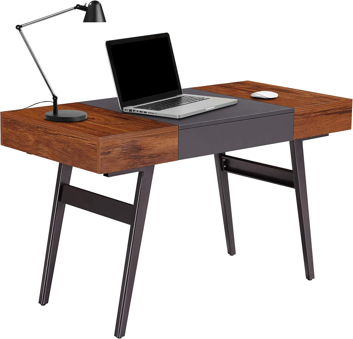 Expandable Gray Steel & Mahogany Modern Home Office Desk