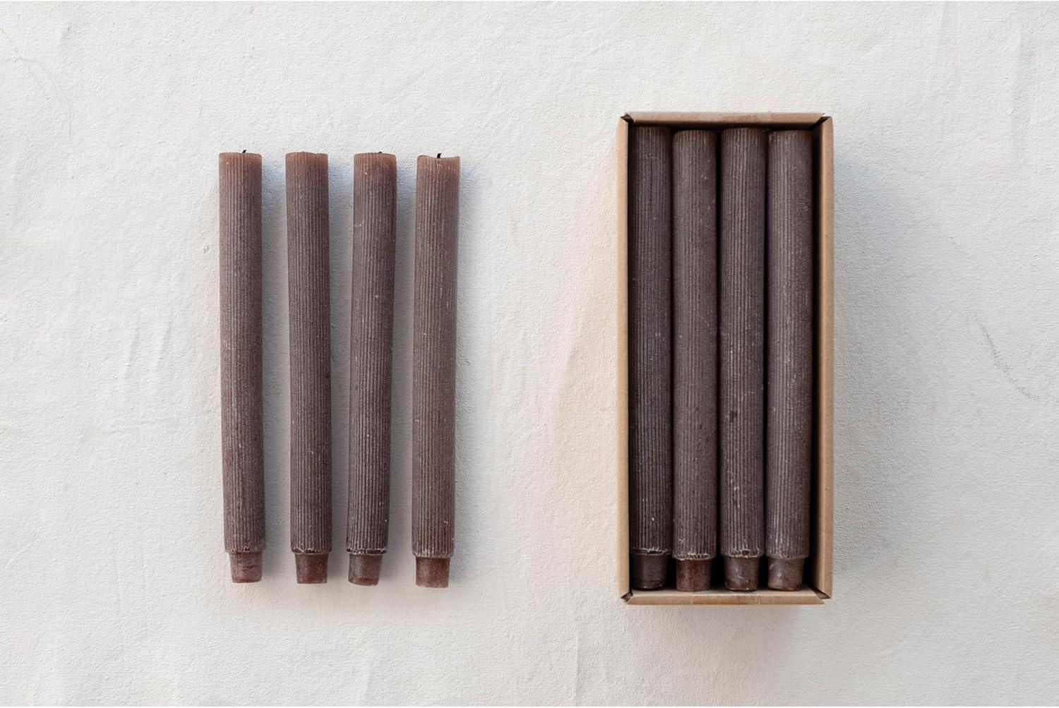 Elegant Brown Leather Pleated Taper Candles, Set of 12