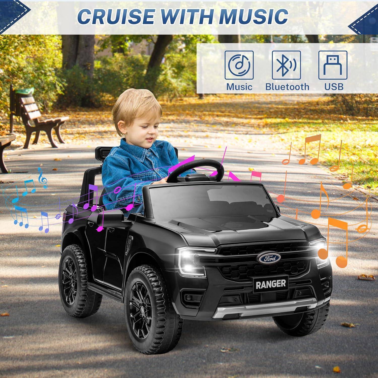 Ford Ranger Ride on Truck, 12V Powered Ride on Toy Cars with Remote Control, Bluetooth, MP3 Player, Safety Belt, LED Lights, Horn, Rear Wheels Drive Kids Electric Car for Boys Girls 3-6 Ages, Black