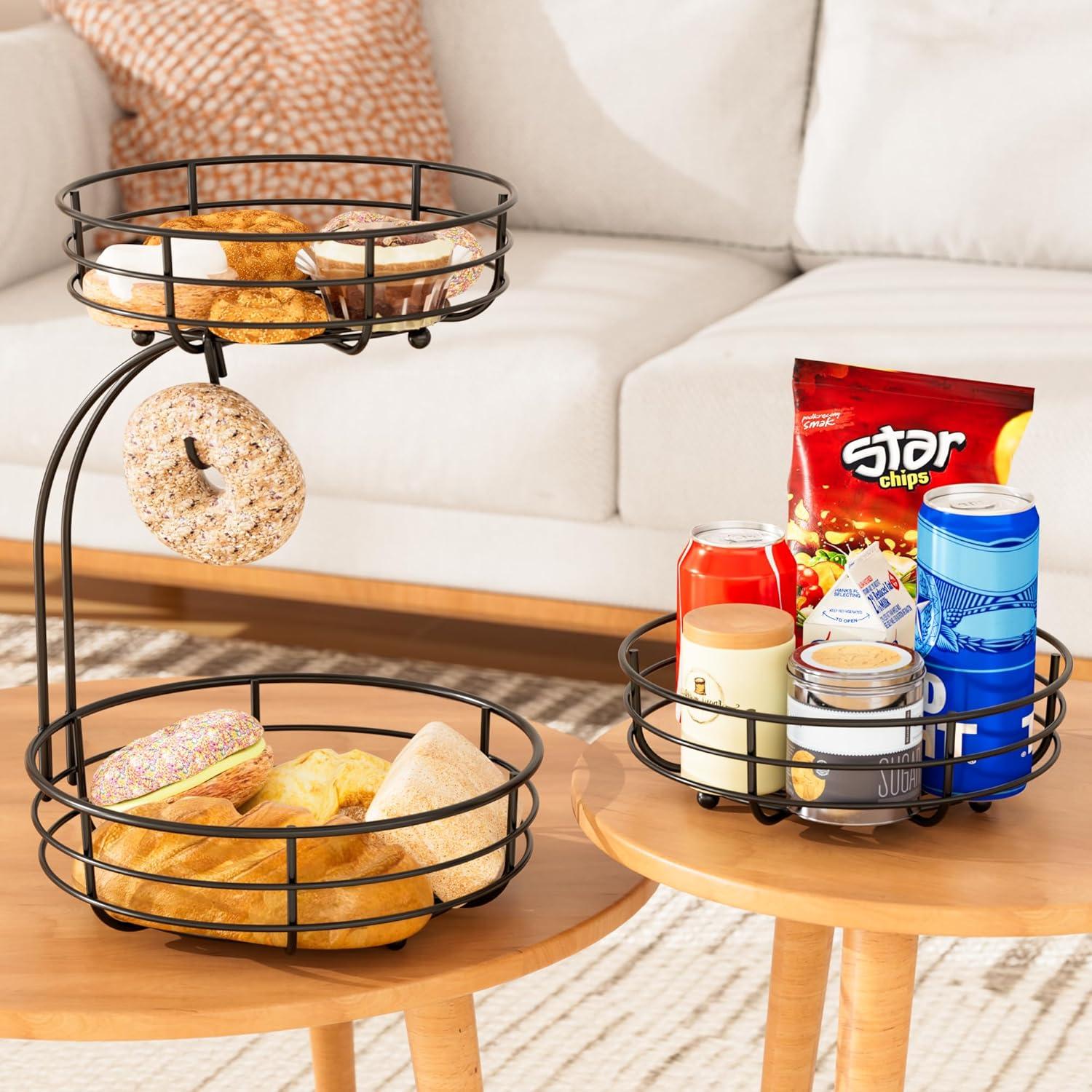 Bextsrack Fruit Basket for Kitchen Countertop, 2-Tier Vegetable Fruit Bowl with Banana Hanger, Black