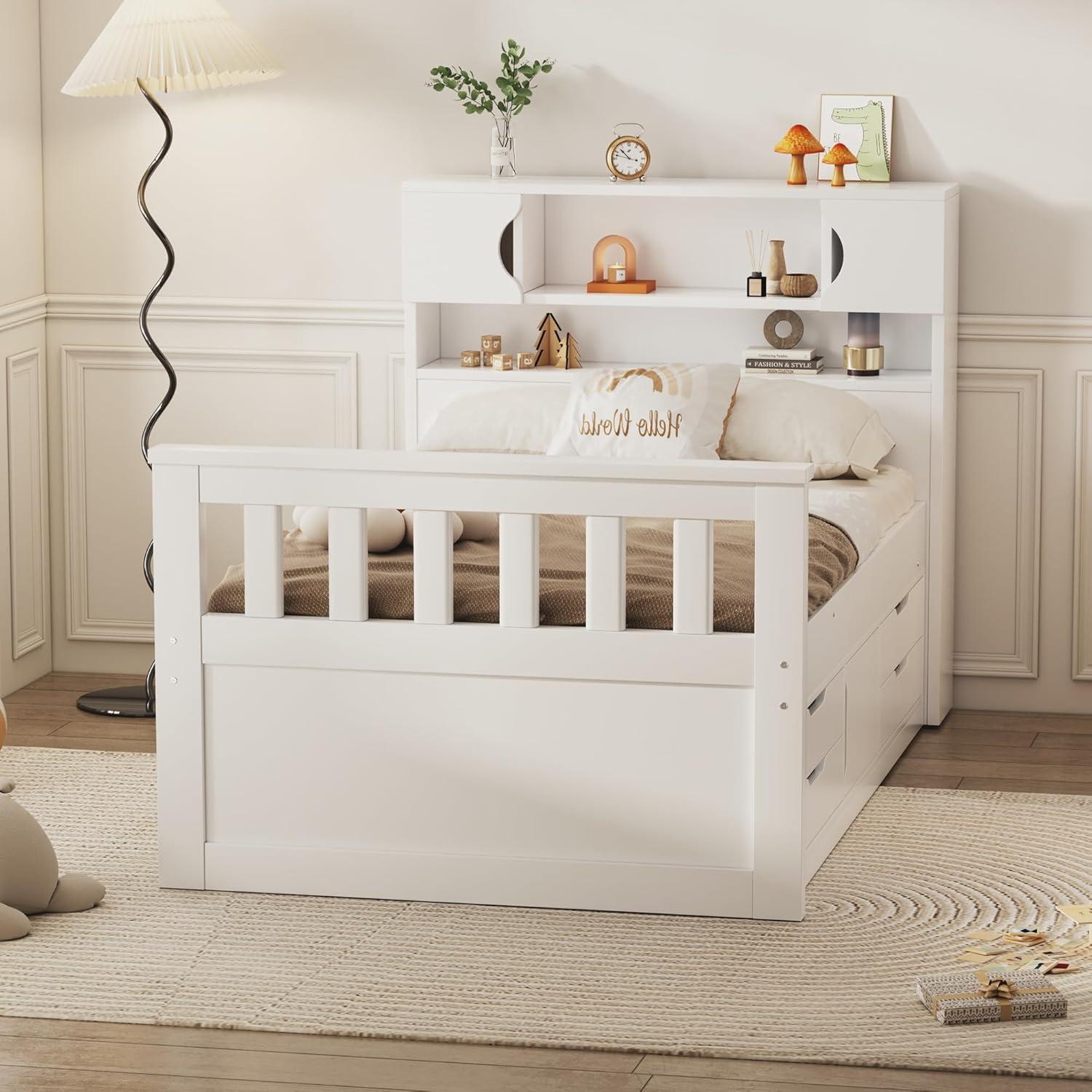 White Twin Wood Platform Bed with Bookcase Headboard and Storage Drawers