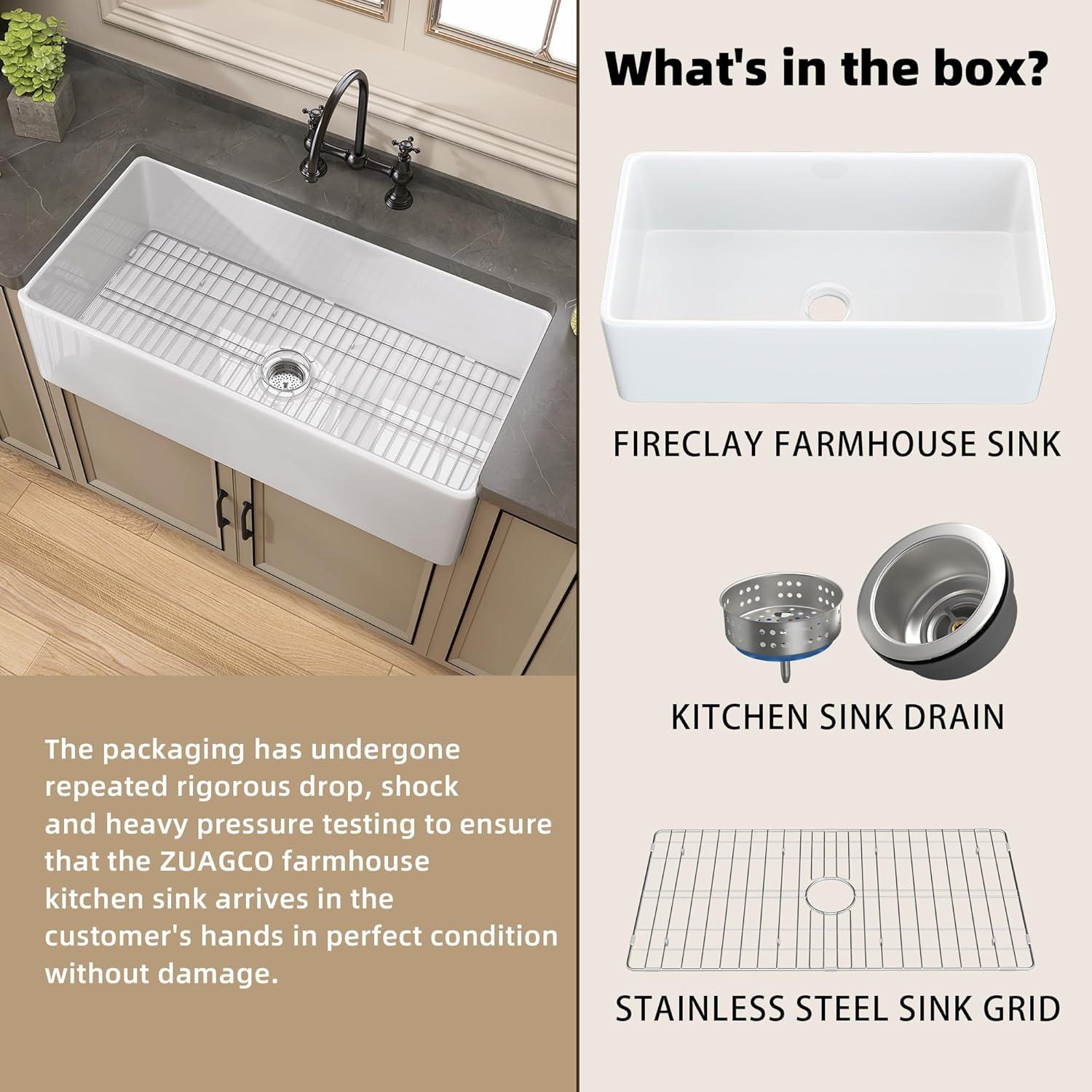 Farmhouse Sink 36 inch X 18 inch White Fireclay Apron Undermount Kitchen Farm Sink Single Bowl Large Big Modern Farmer Sinks with Luxury Accessories