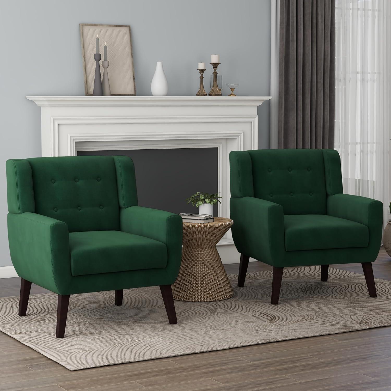 UIXE Velvet Accent Chair Chair Set of 2 Upholstered Comfortable Armchair Modern Chairs with Solid Wooden Legs for Living Room Office, Retro Green