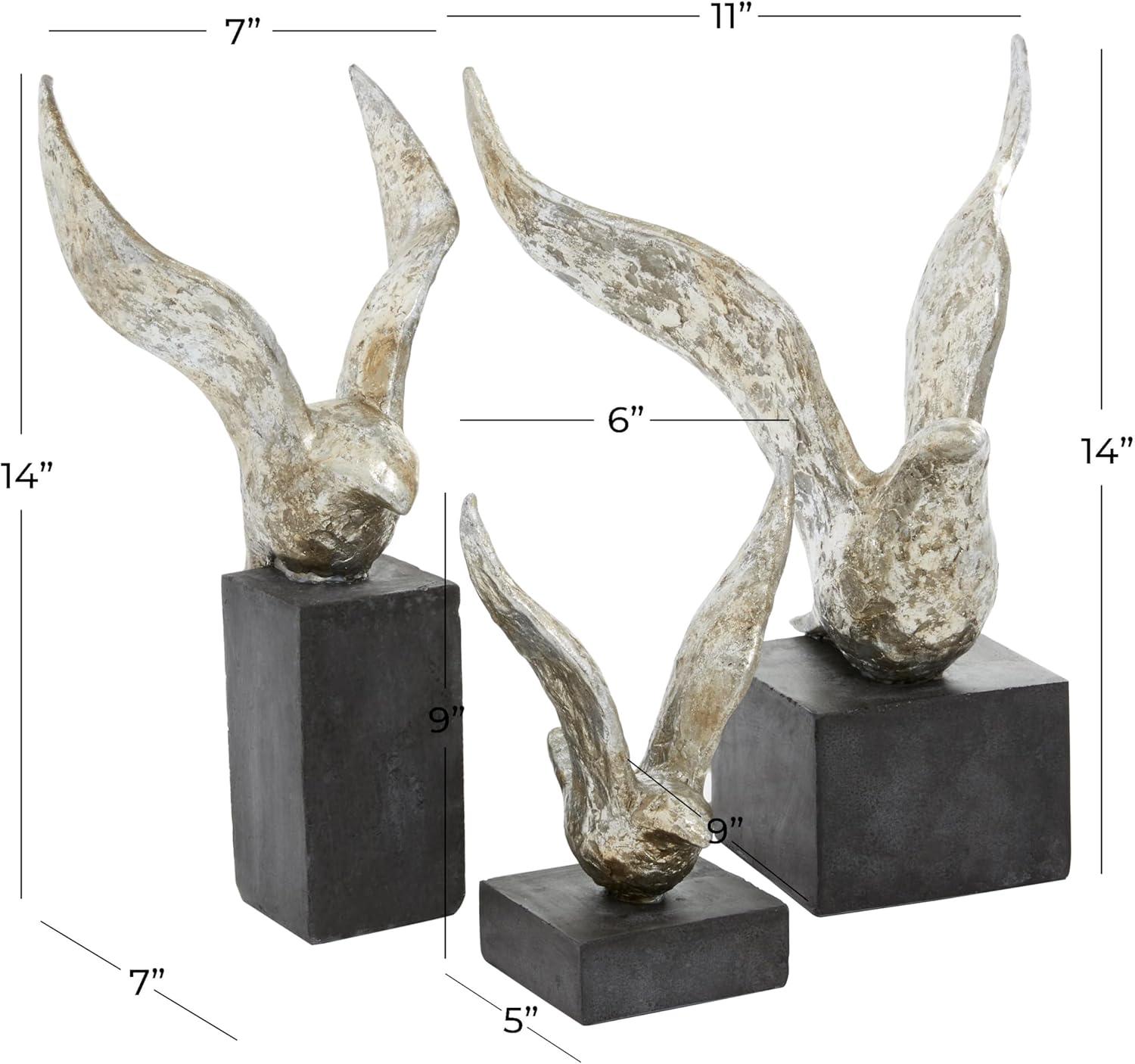 Silver and Black Resin Bird Sculptures Set of 3