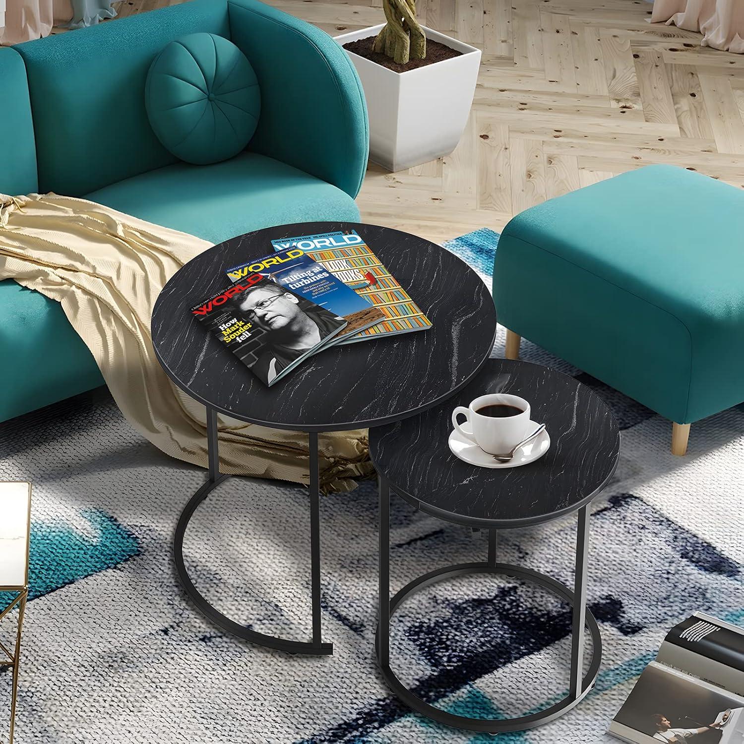 Black Marble Nesting Coffee Table Set with Metal Frame