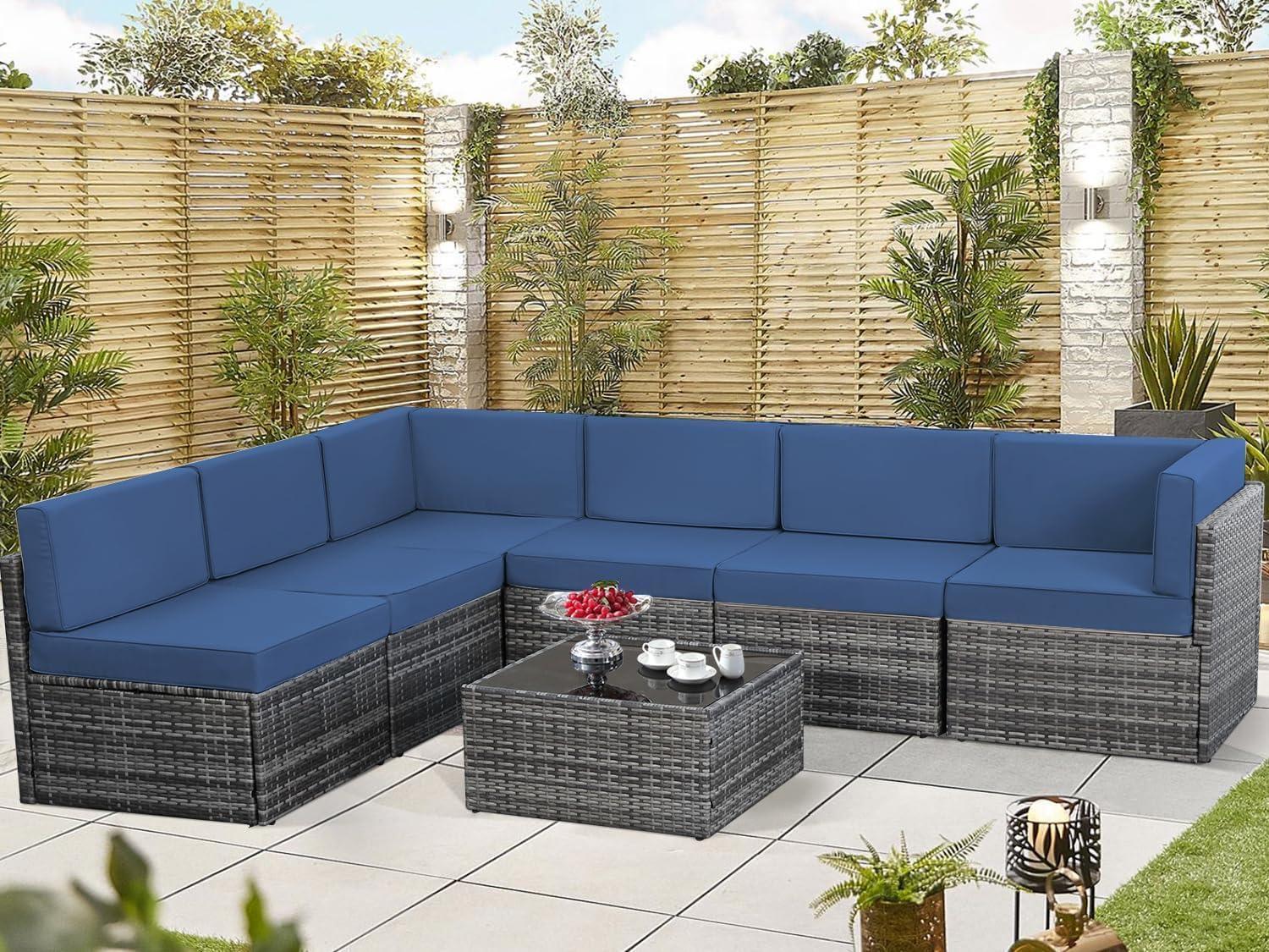 U-MAX 7 Piece Outdoor Patio Furniture Set, PE Rattan Outdoor Wicker Sectional Furniture Chair Set with Cushions and Tea Table, Grey Rattan and Navy Cushion