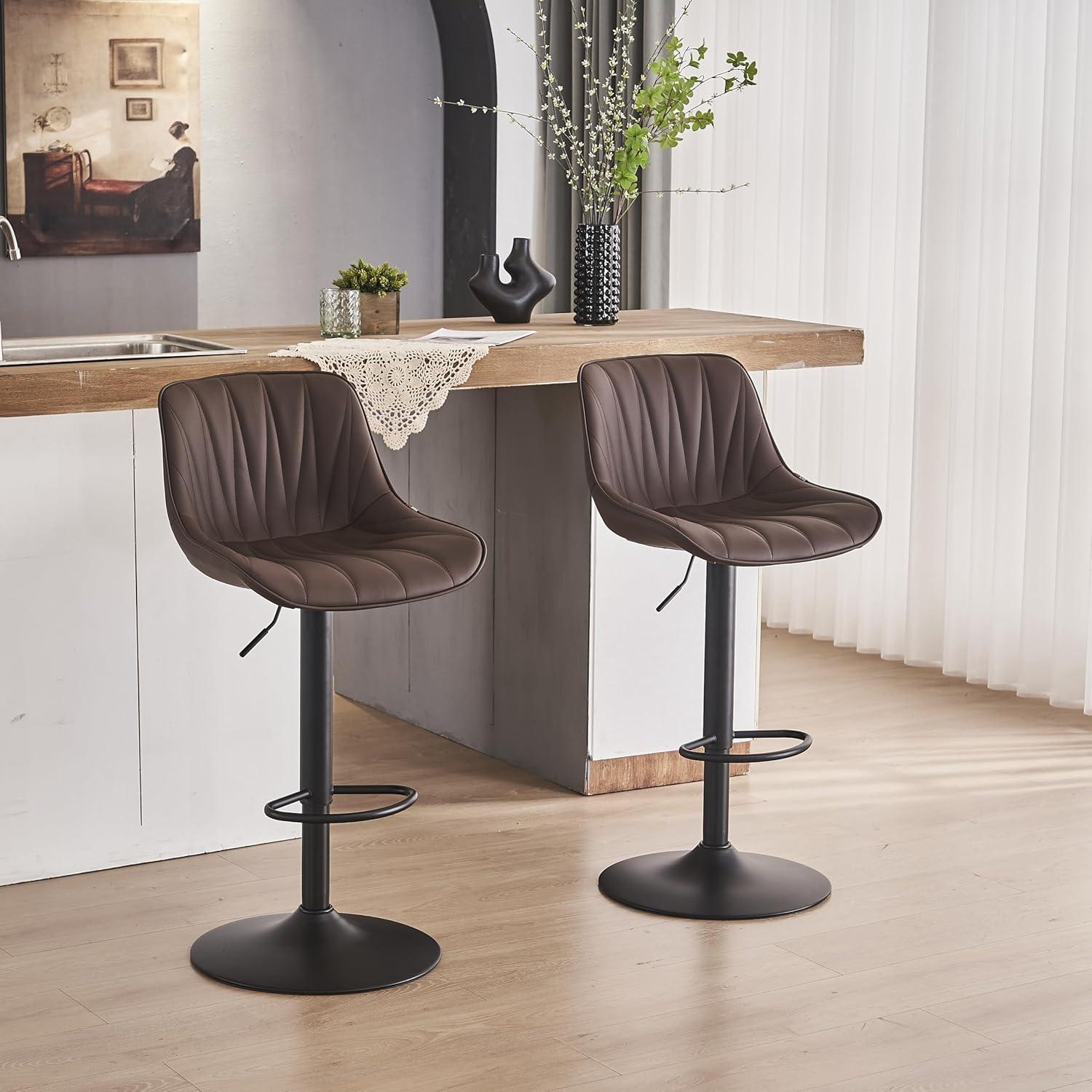 Adjustable Brown Faux Leather Swivel Bar Stools with Metal Base