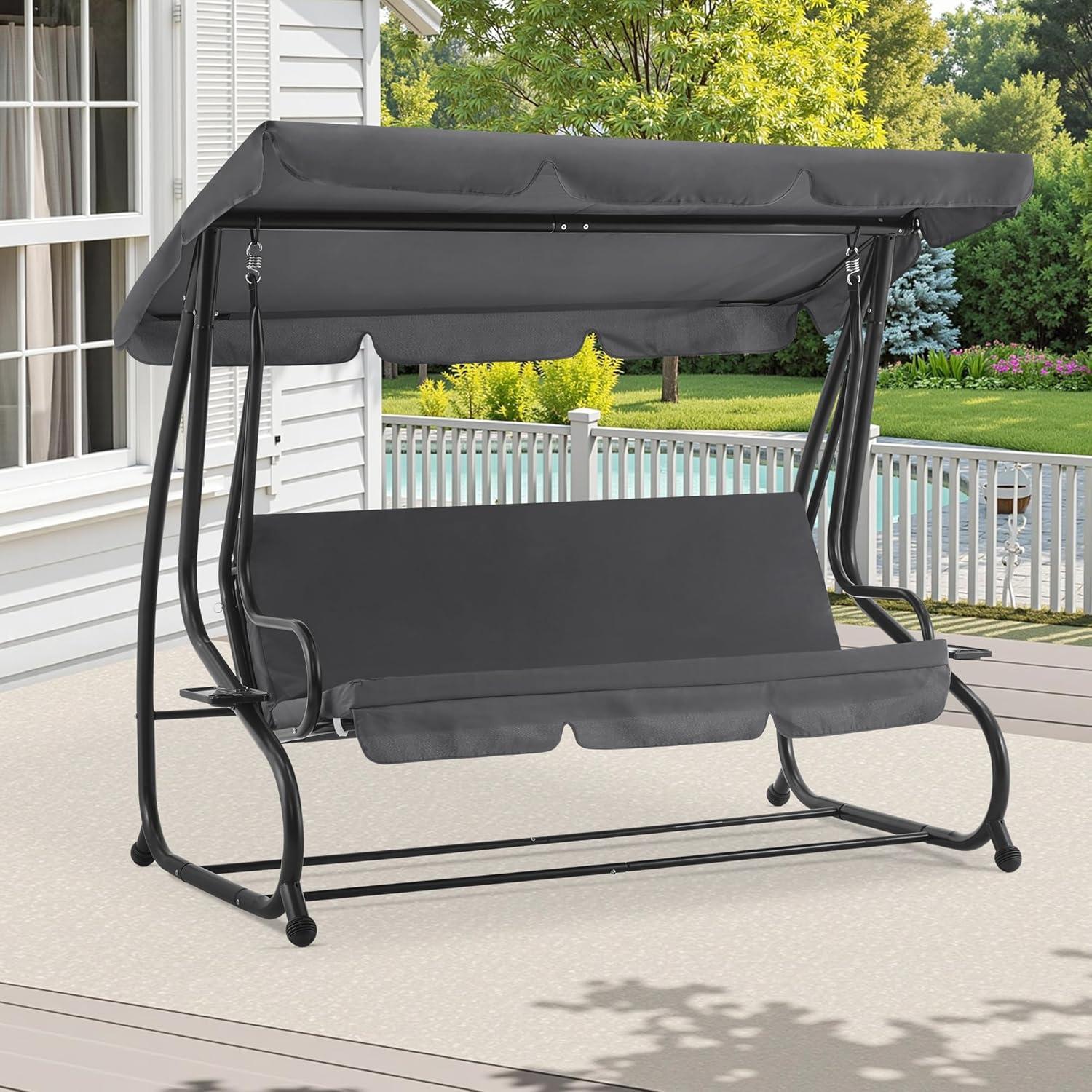 MCombo 3 Seat Patio Swing Chair, Outdoor Swing with Adjustable Canopy, Porch Swing