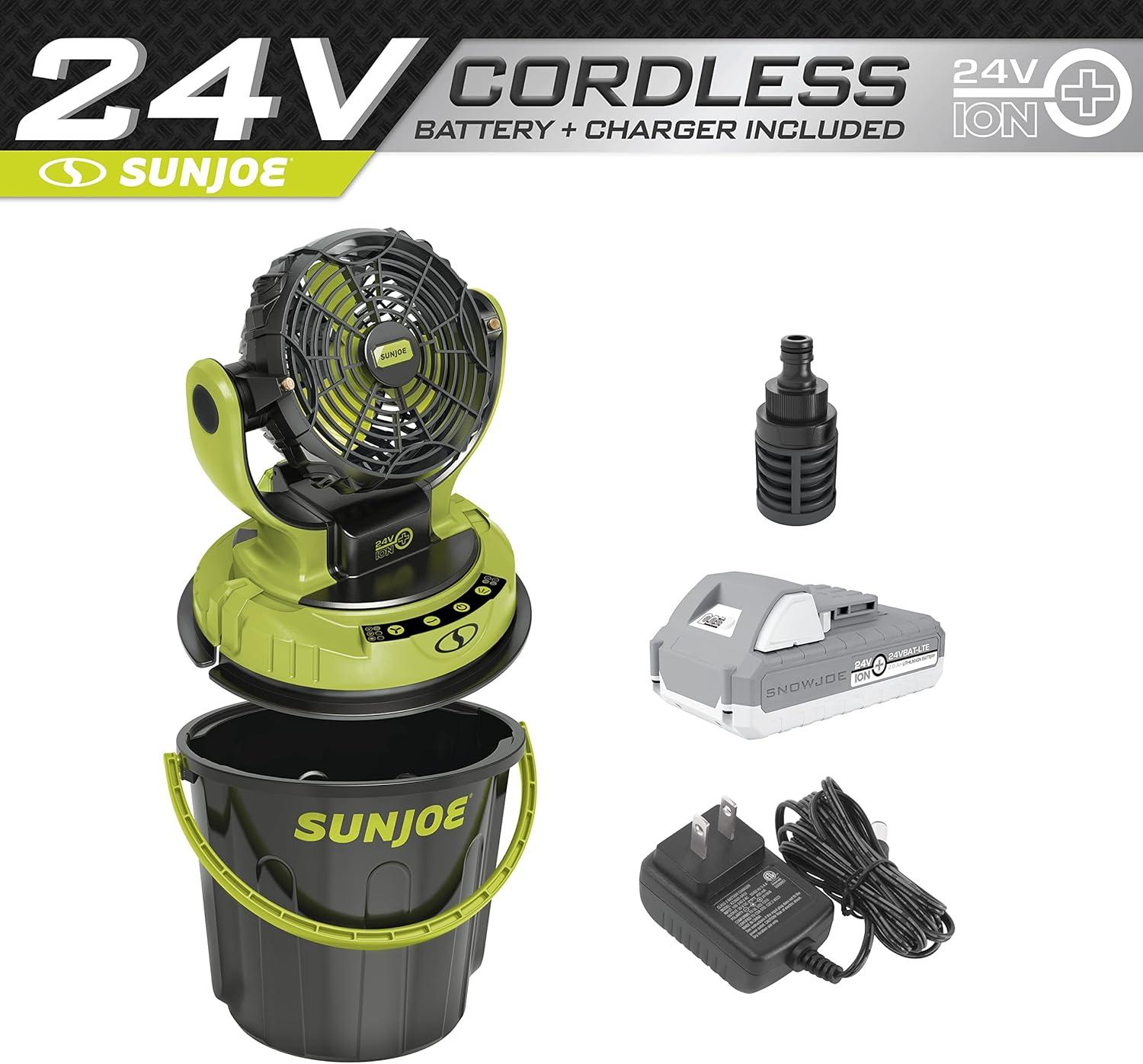 Sun Joe 24 Volt IONMAX Cordless Misting Fan Kit, Indoor or Outdoor, with 6 Gallon Portable Bucket, 60 Square Foot Coverage, 2.0-AH Battery and