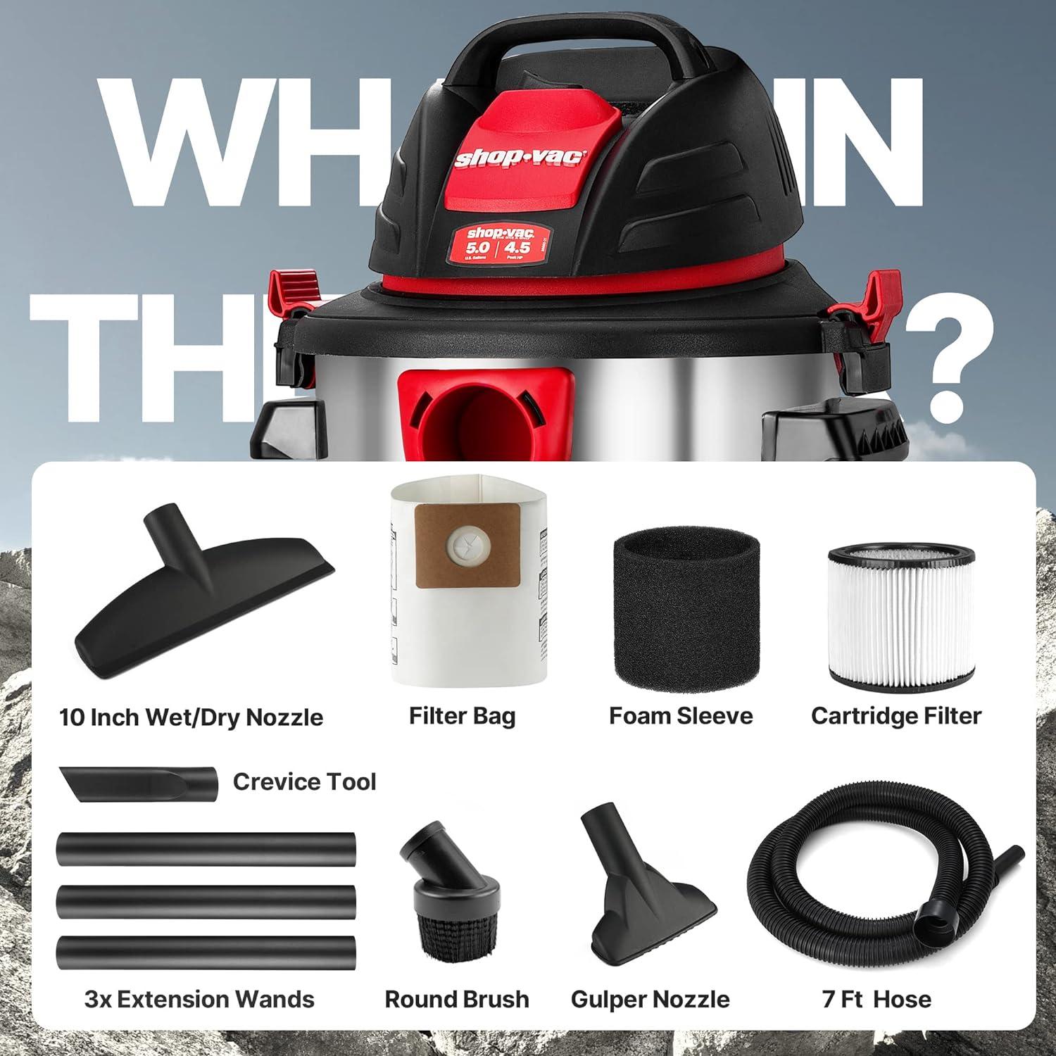 Shop-Vac 5989305 Wet/Dry Vacuum, 5 Gallon, 4.5 Peak HP Stainless Steel Vacuum, 1.25 Inch Diameter x 7 Foot Hose, 6 Ft Cord Length, Ideal for Jobsite, Garage, Car & Workshop