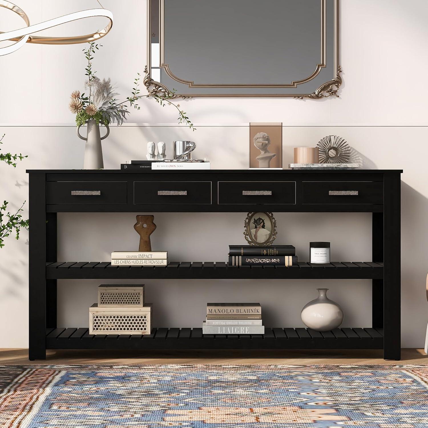 62.2" Stylish Console Table Table with 4 Storage Drawers and 2 Shelves for Entryway Hallway, Black 4M - ModernLuxe