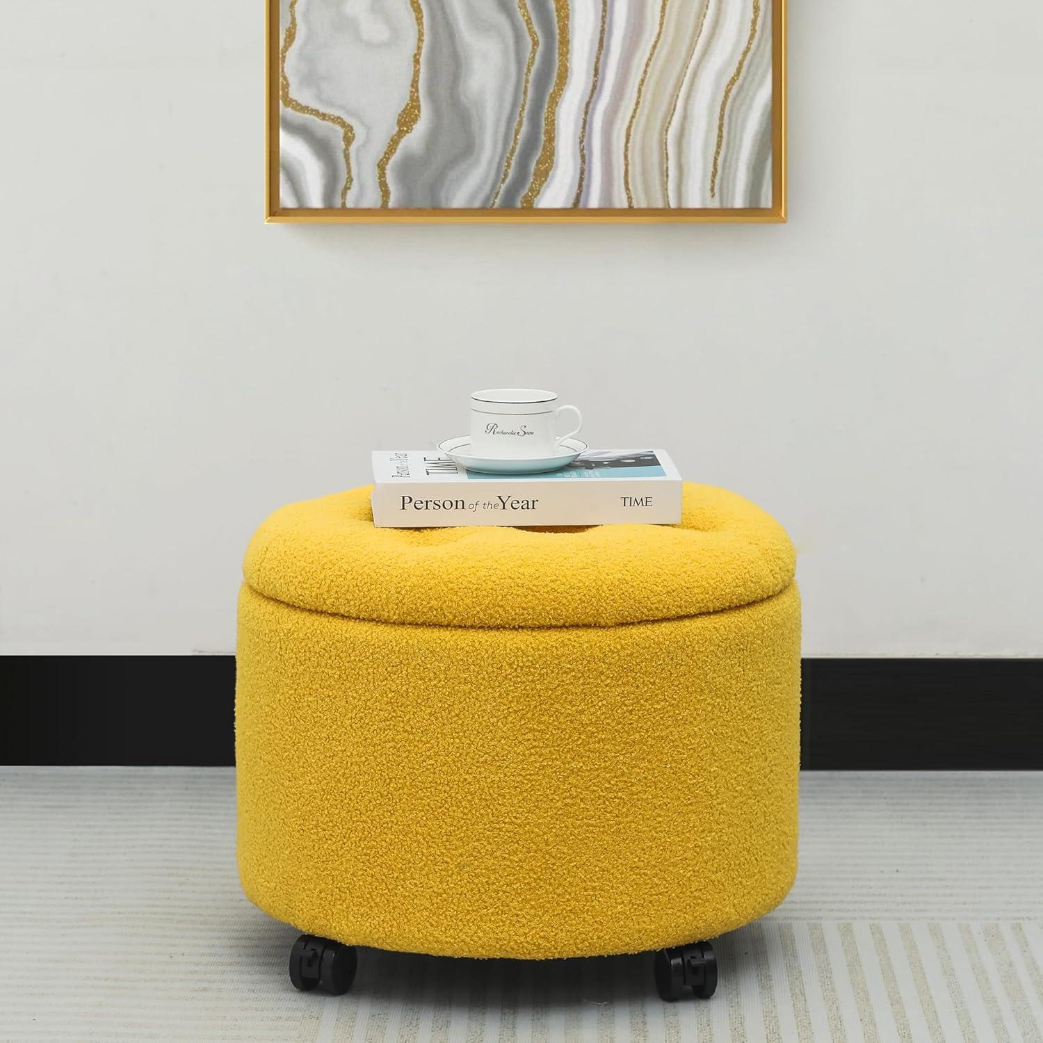 Round Storage Ottoman with Casters, Teddy Velvet Button Tufted Foot Rest Stool for Living Room Bedroom