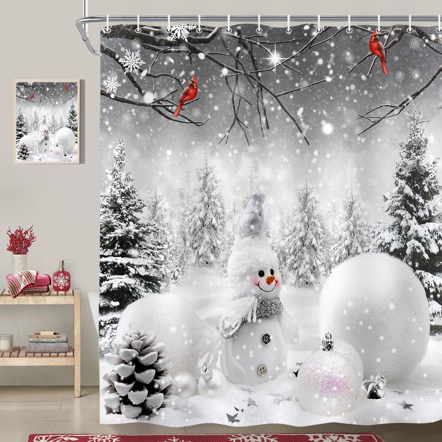 Winter Snowman Pine Tree Scene Polyester Shower Curtain